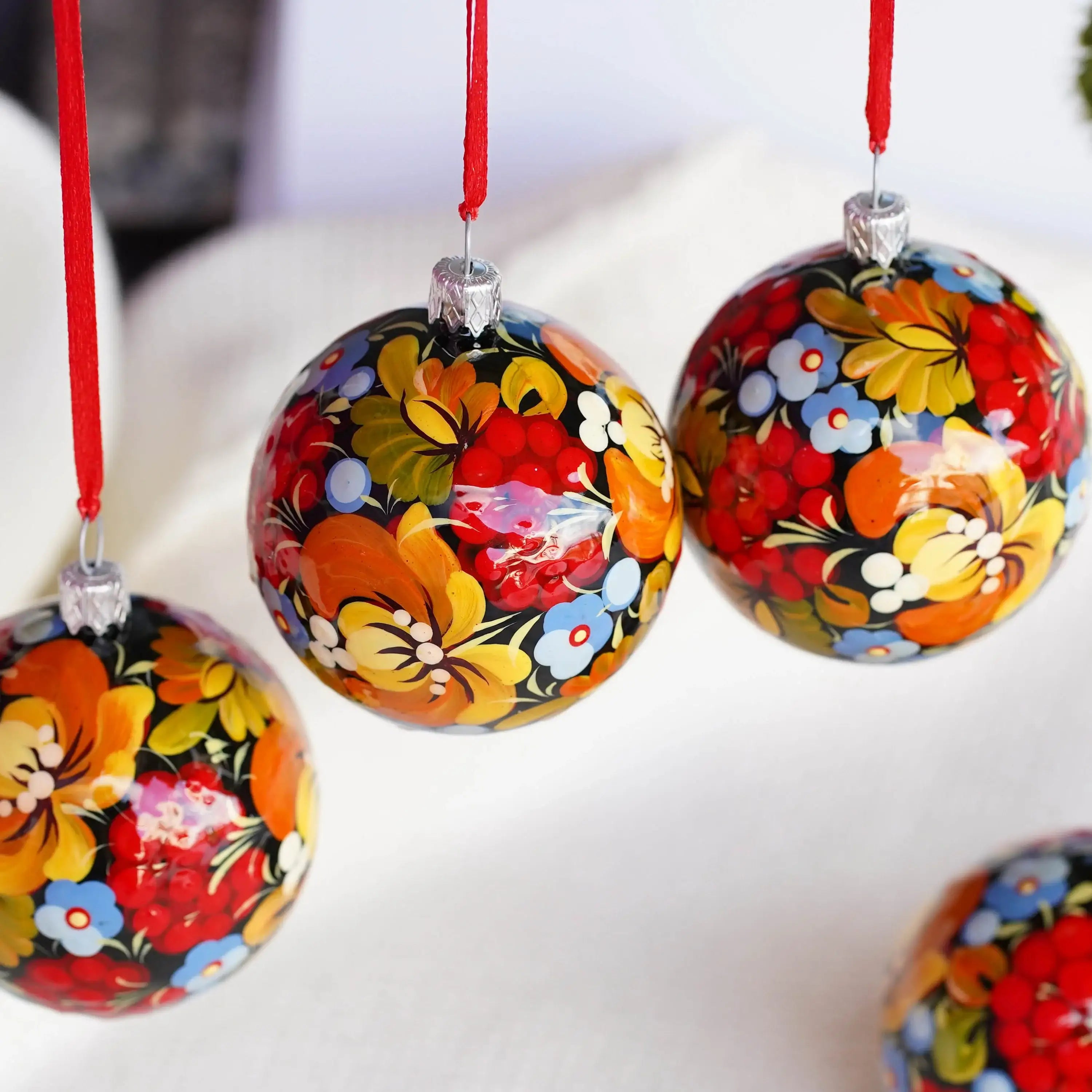 Hand-painted Set of 4 Red Flower Christmas Ball Ornaments 2.4 in - Handmade Christmas Tree Decorations, Petrykivka Art