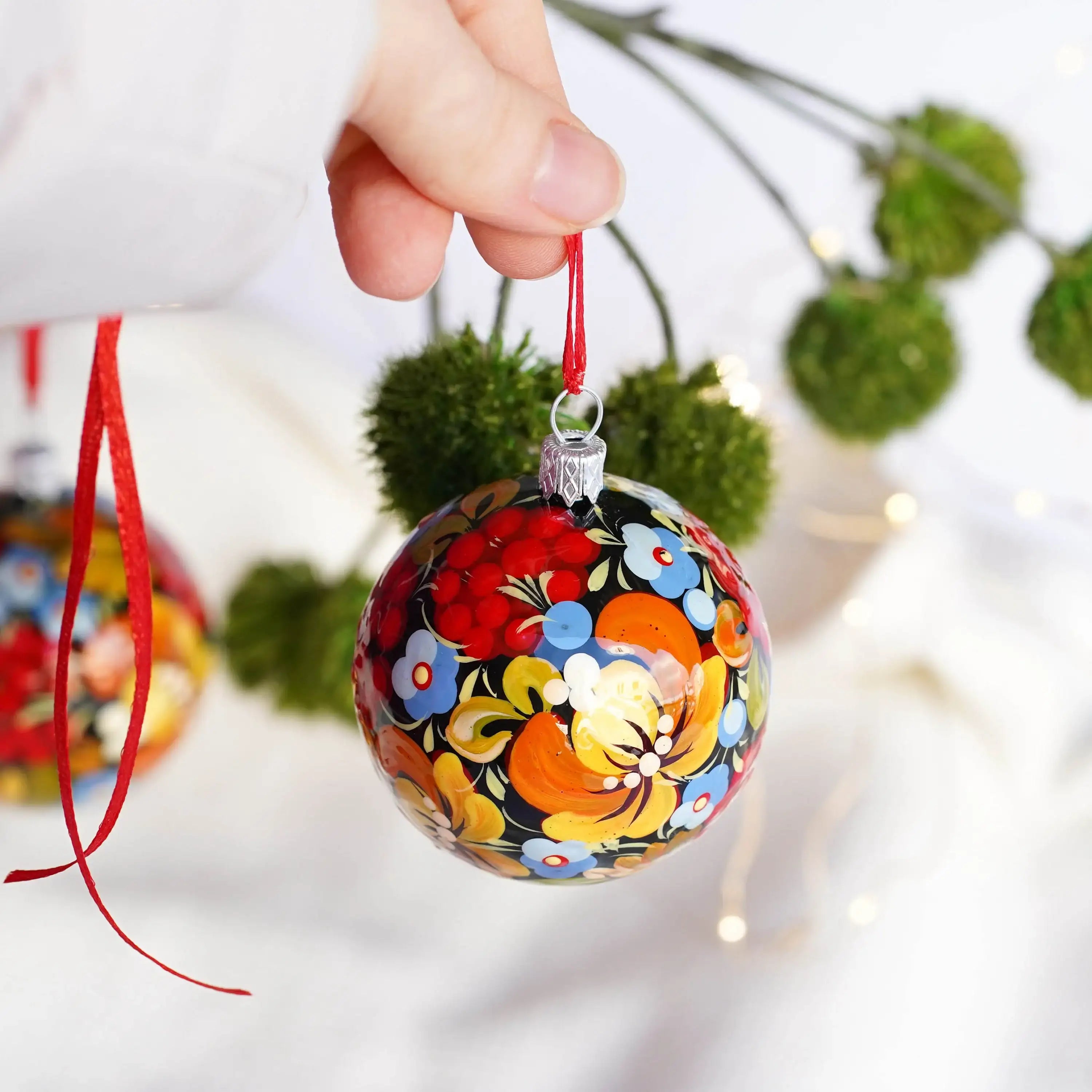 Hand-painted Set of 4 Red Flower Christmas Ball Ornaments 2.4 in - Handmade Christmas Tree Decorations, Petrykivka Art