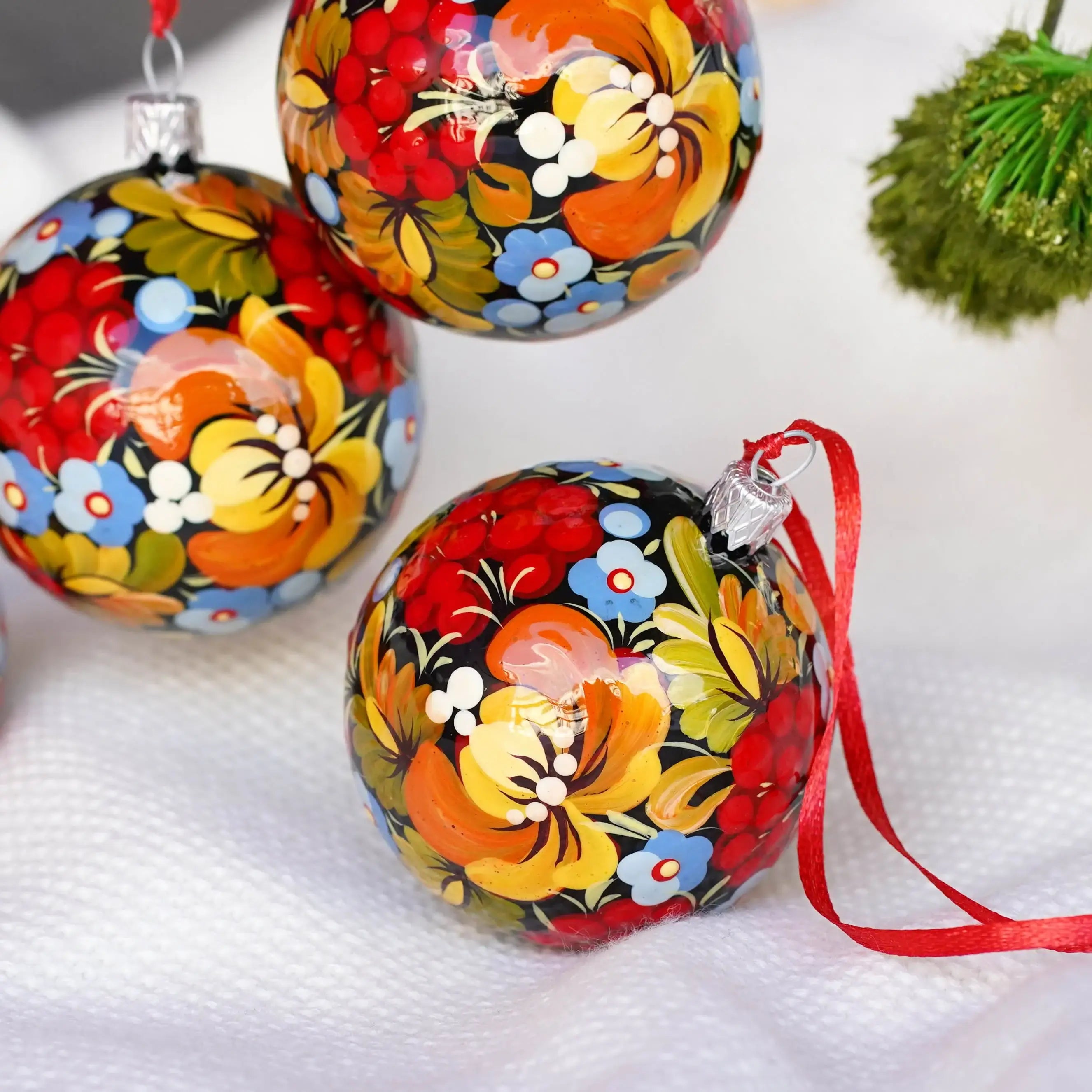 Hand-painted Set of 4 Red Flower Christmas Ball Ornaments 2.4 in - Handmade Christmas Tree Decorations, Petrykivka Art