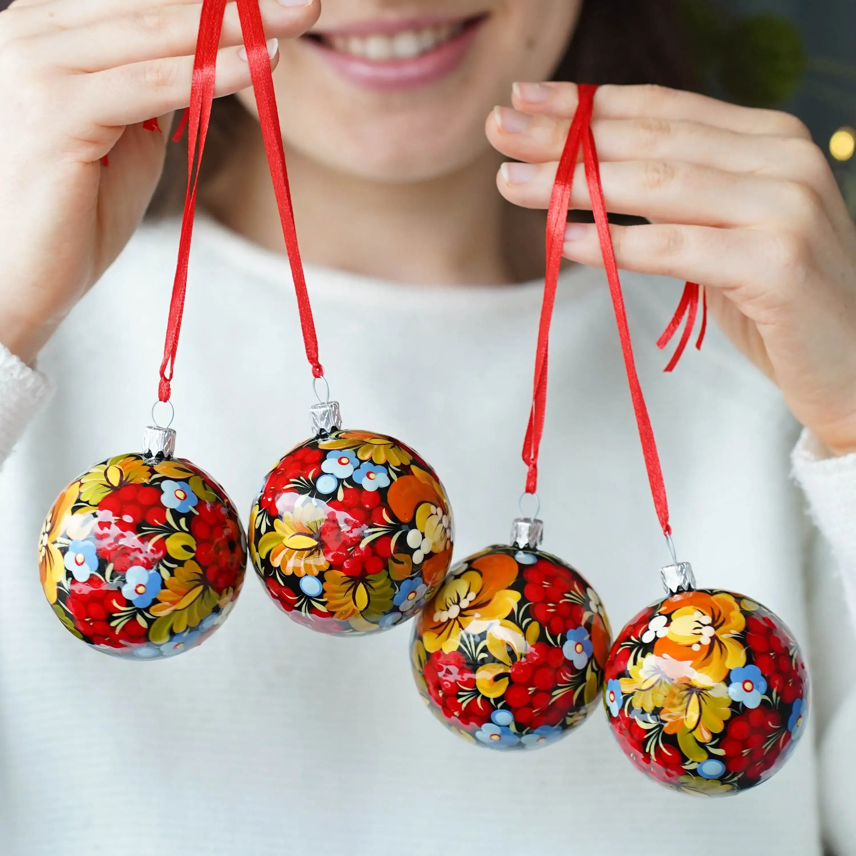 Hand-painted Set of 4 Red Flower Christmas Ball Ornaments 2.4 in - Handmade Christmas Tree Decorations, Petrykivka Art