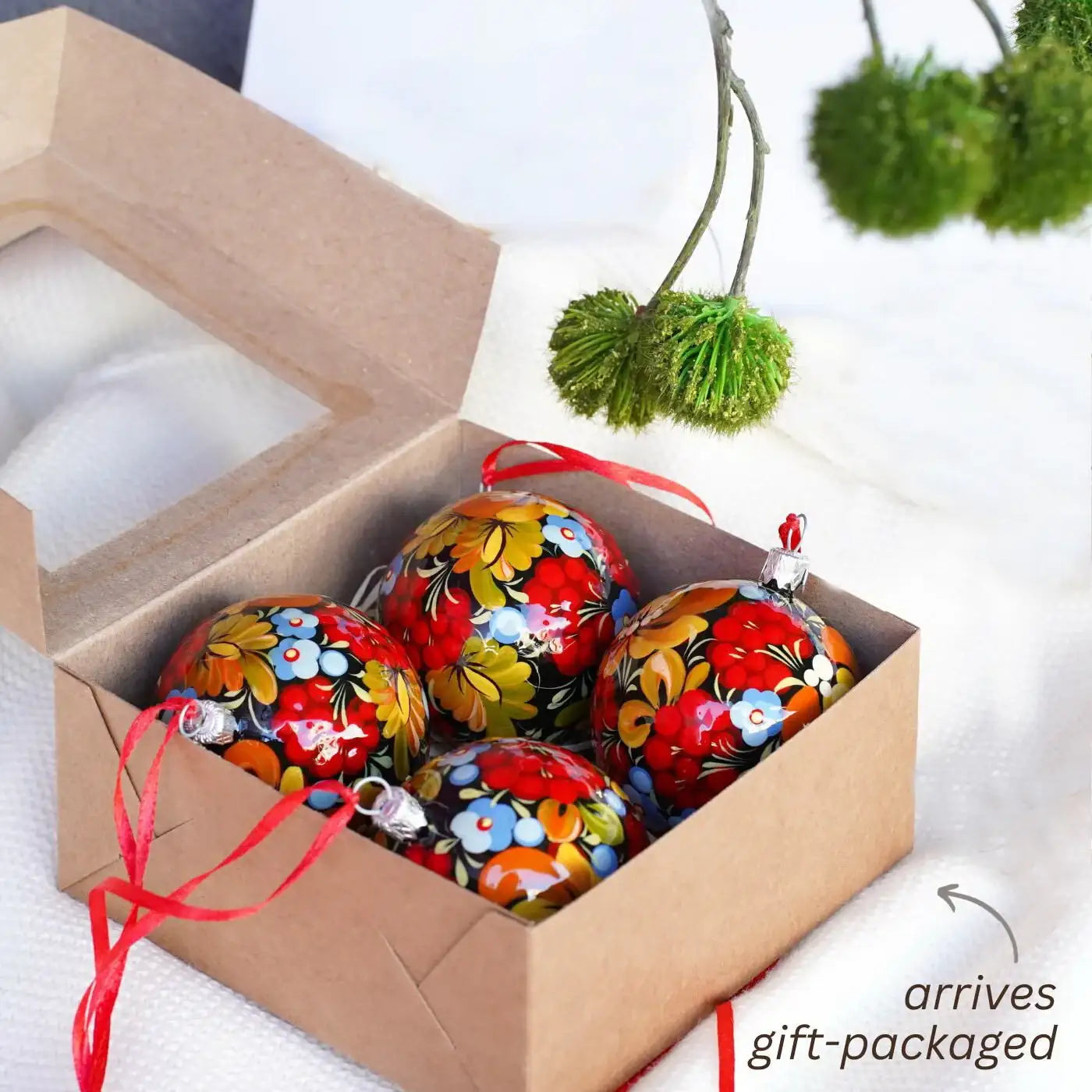 Hand-painted Set of 4 Red Flower Christmas Ball Ornaments 2.4 in - Handmade Christmas Tree Decorations, Petrykivka Art