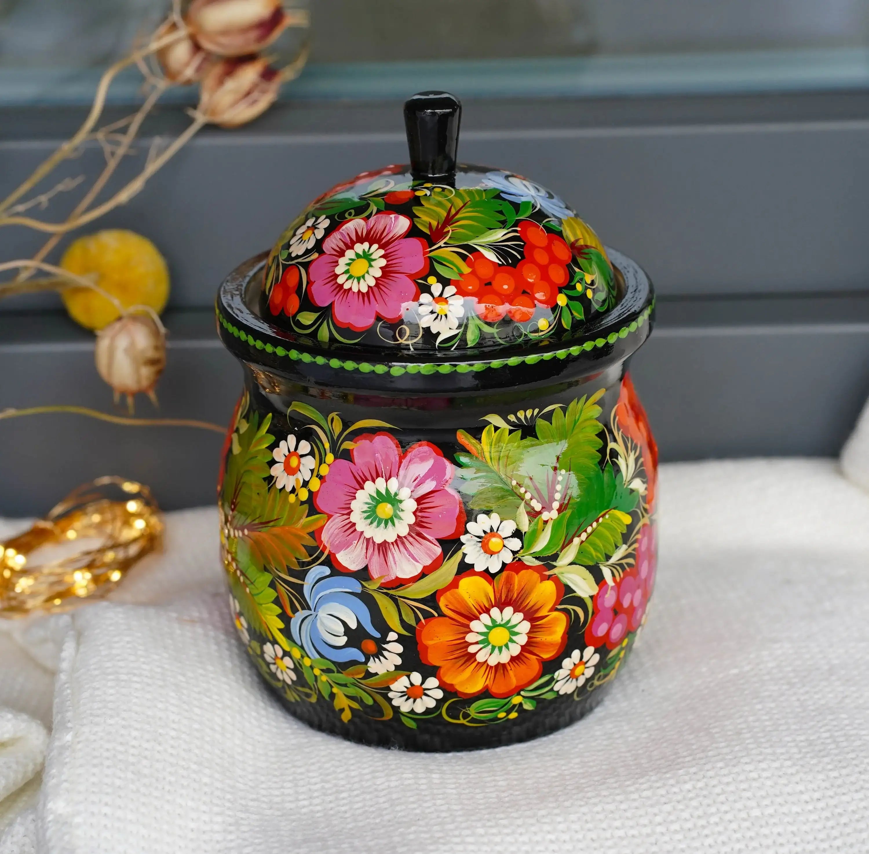 Painted Wooden Jar with Lid - Artisanal Red Flower Kitchen Canister, Petrykivka Art