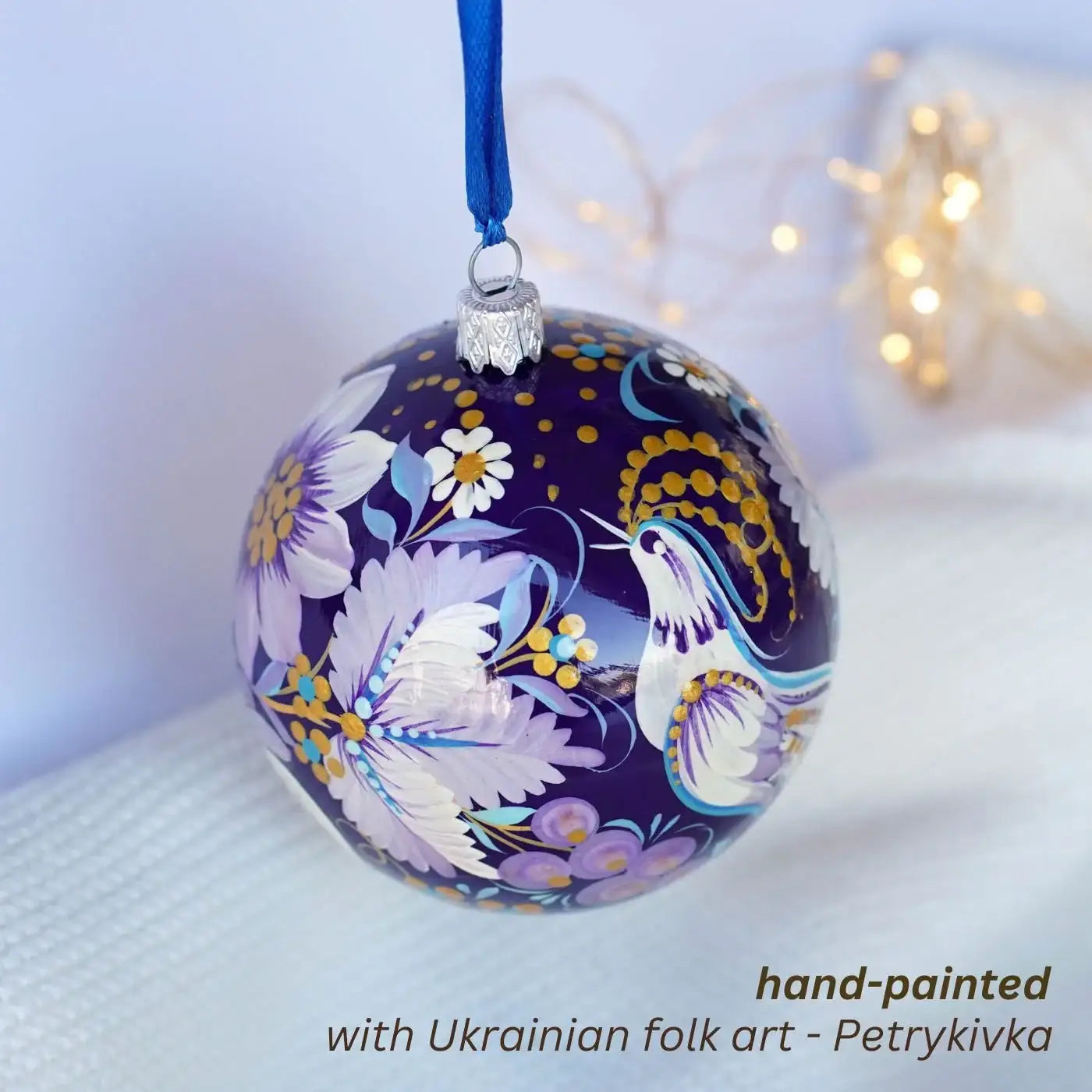 Painted Fairy Bird Christmas Ornament Ball 3.14 in - Handmade Purple Christmas Tree Decoration, Petrykivka Art