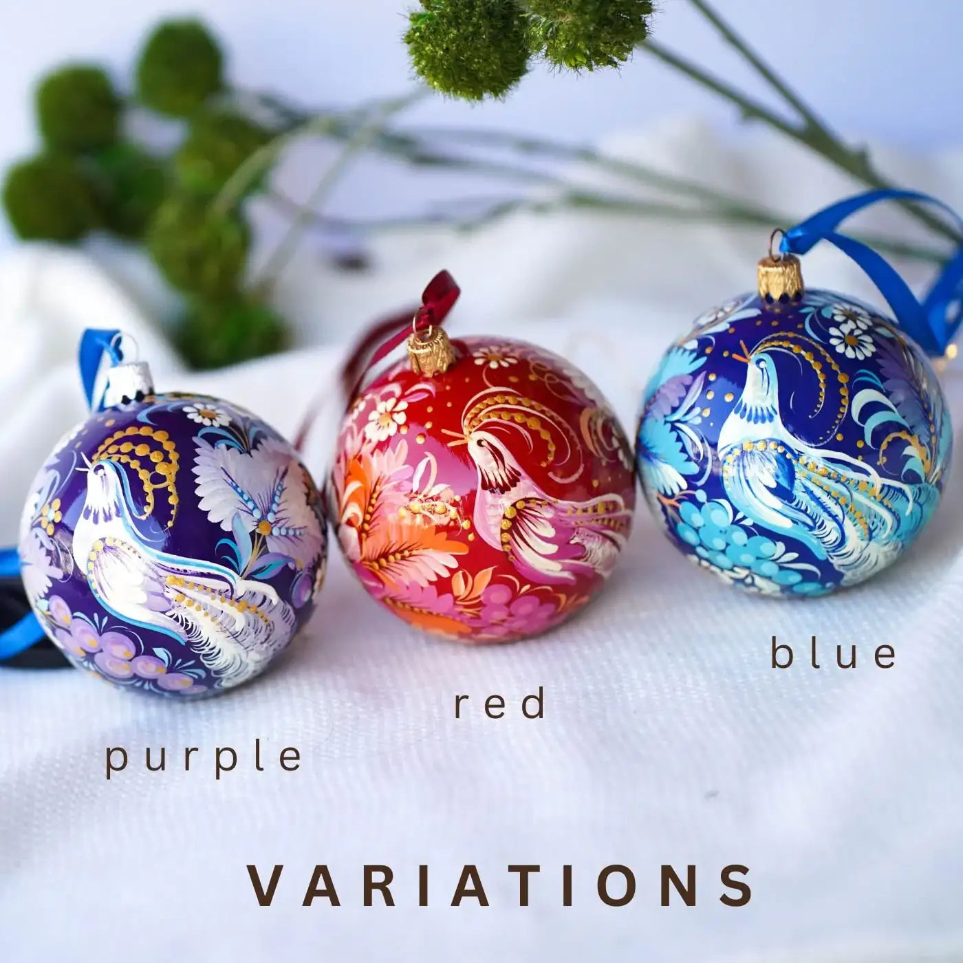 Painted Fairy Bird Christmas Ornament Ball 3.14 in - Handmade Purple Christmas Tree Decoration, Petrykivka Art