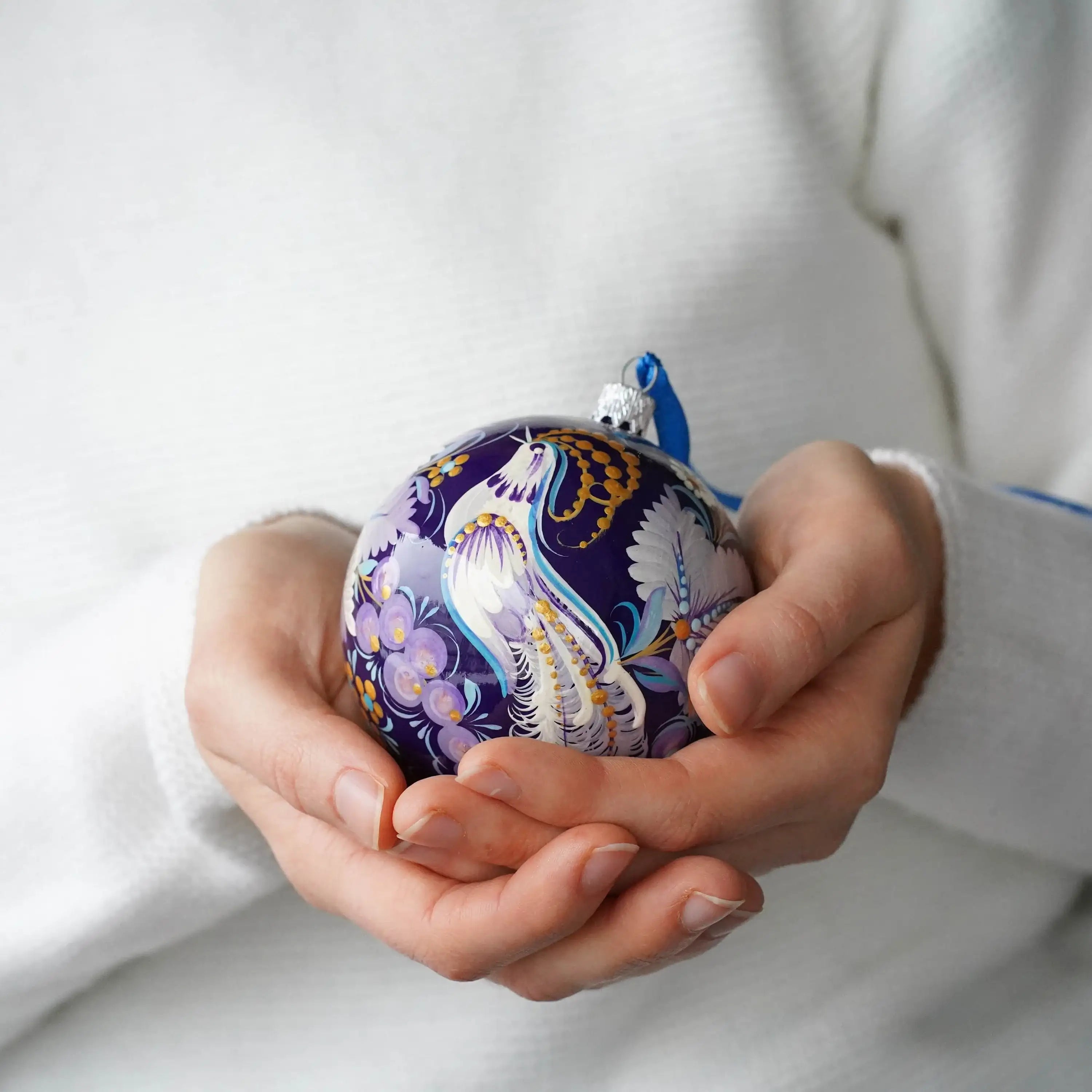 Painted Fairy Bird Christmas Ornament Ball 3.14 in - Handmade Purple Christmas Tree Decoration, Petrykivka Art