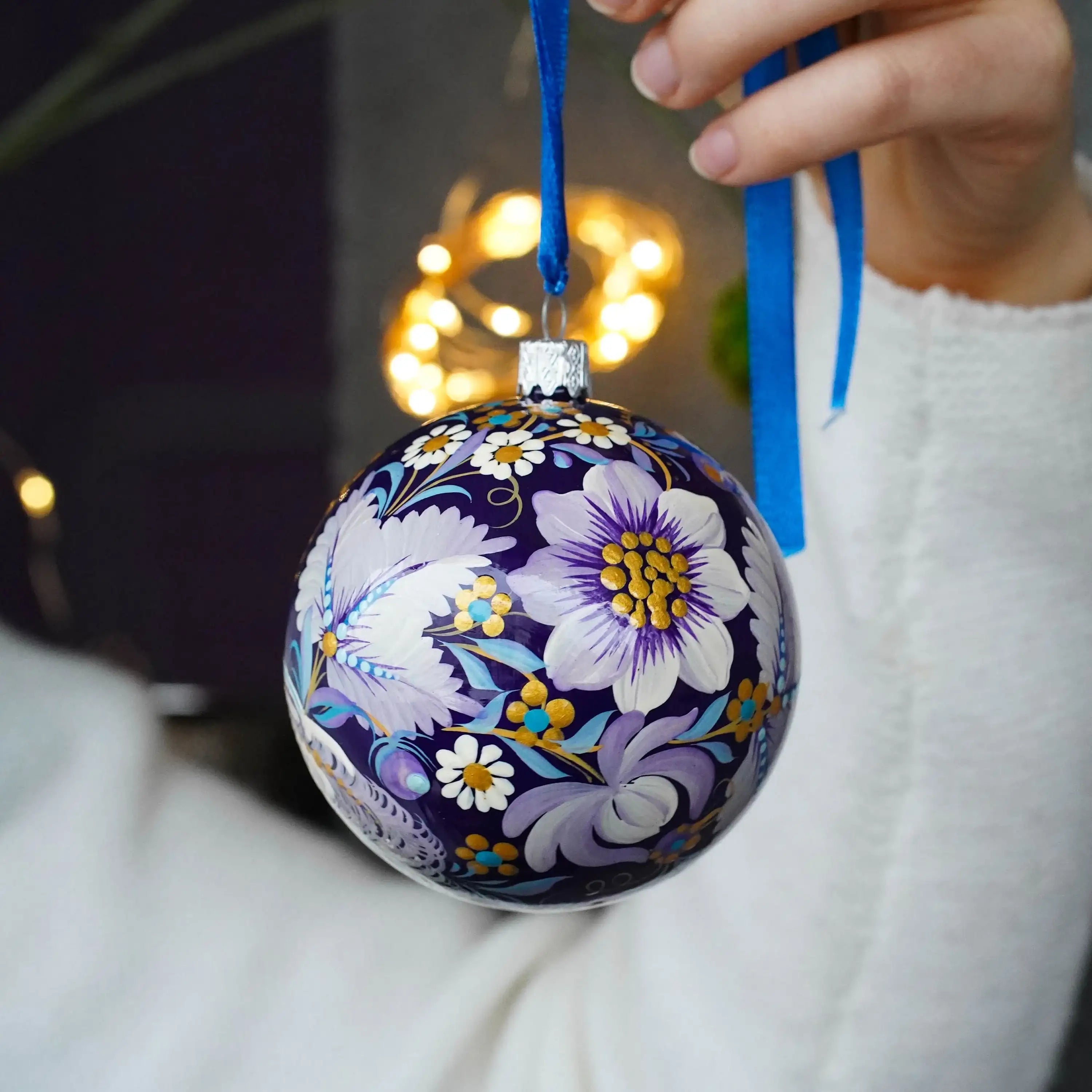 Painted Fairy Bird Christmas Ornament Ball 3.14 in - Handmade Purple Christmas Tree Decoration, Petrykivka Art