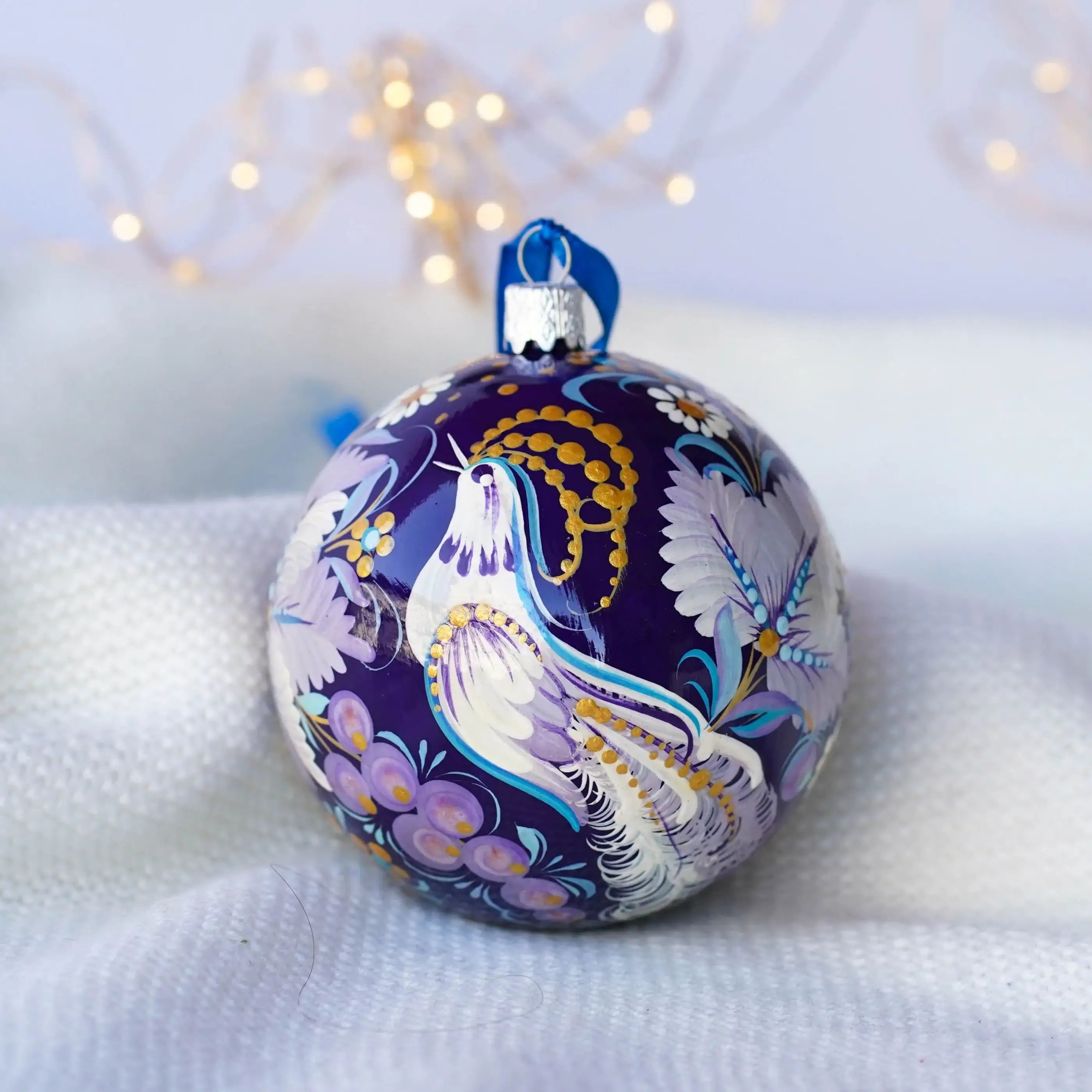 Painted Fairy Bird Christmas Ornament Ball 3.14 in - Handmade Purple Christmas Tree Decoration, Petrykivka Art