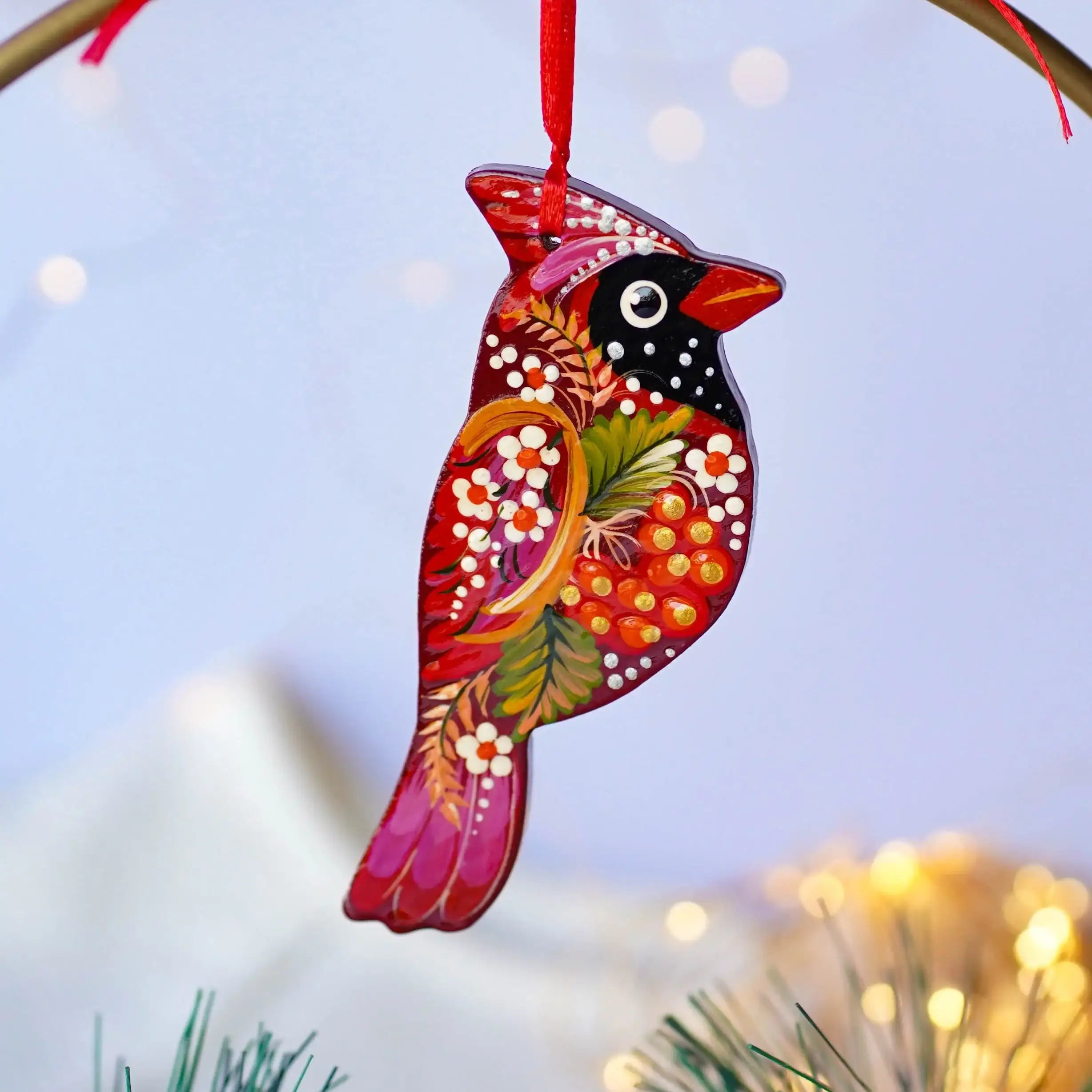 Handmade Wooden Red Cardinal Ukrainian ornament with Petrykivka painting