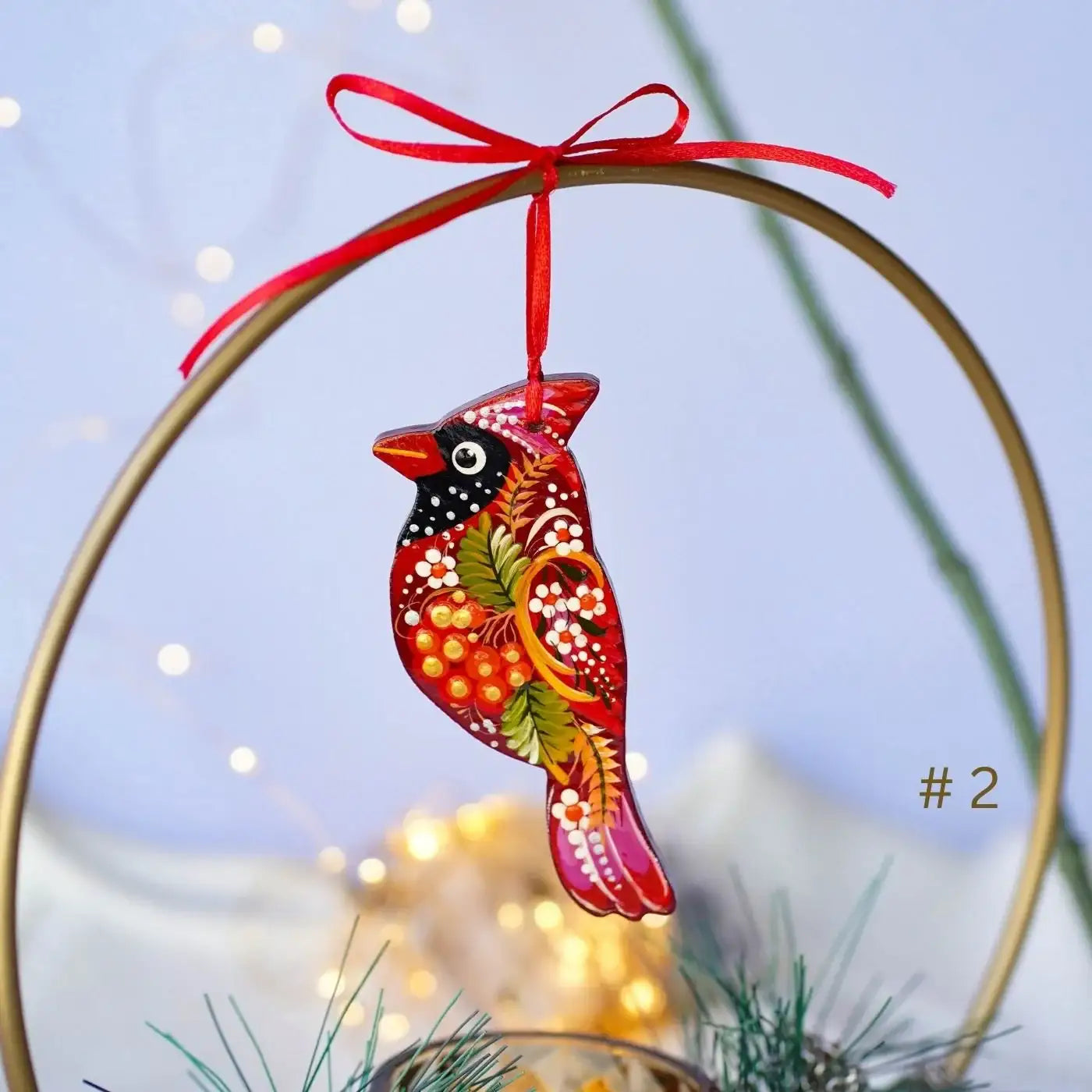Handmade Wooden Red Cardinal Ukrainian ornament with Petrykivka painting