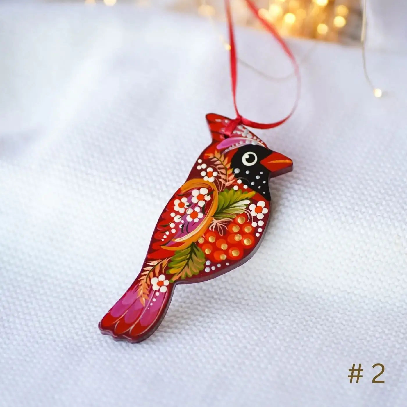 Handmade Wooden Red Cardinal Ukrainian ornament with Petrykivka painting