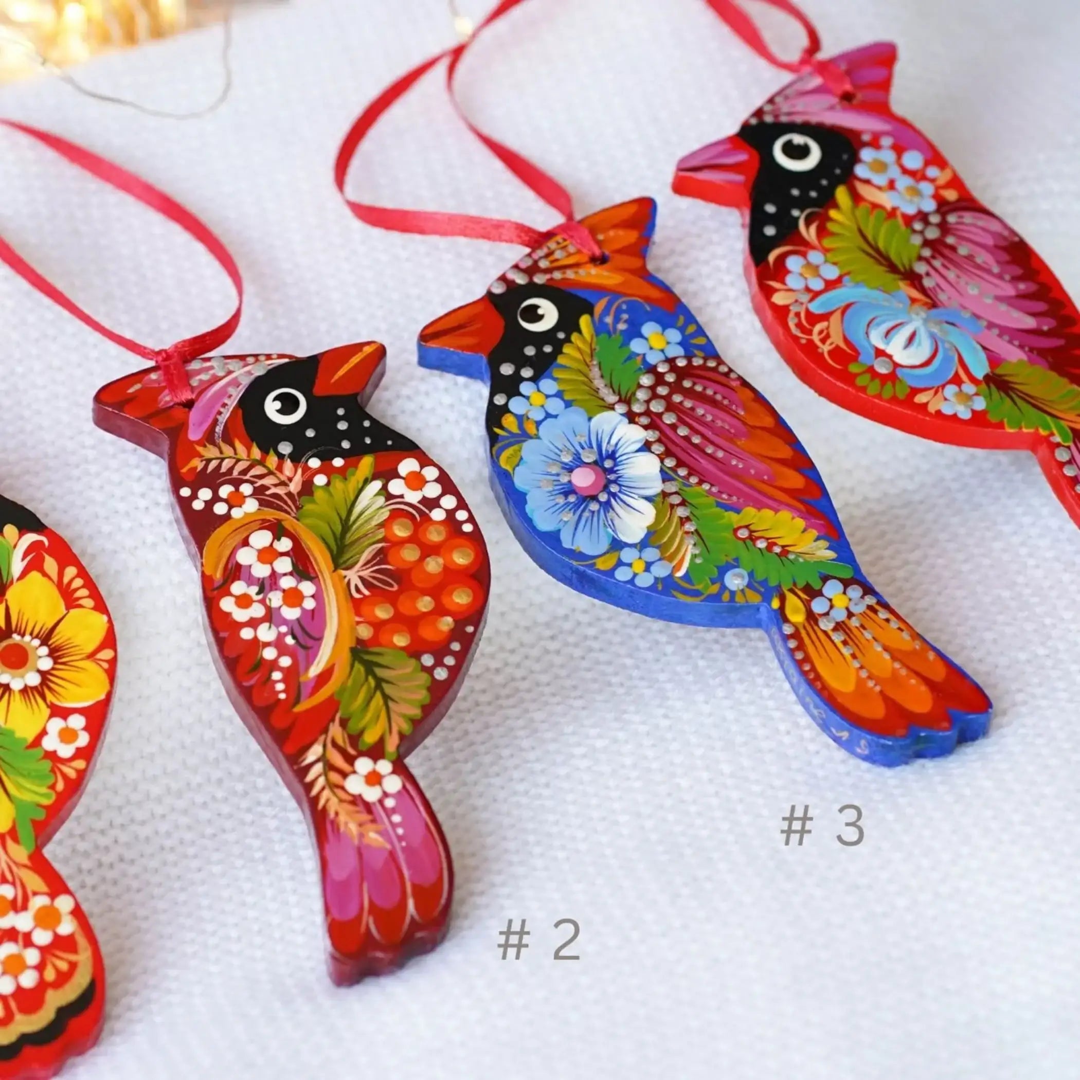 Handmade Wooden Red Cardinal Ukrainian ornament with Petrykivka painting