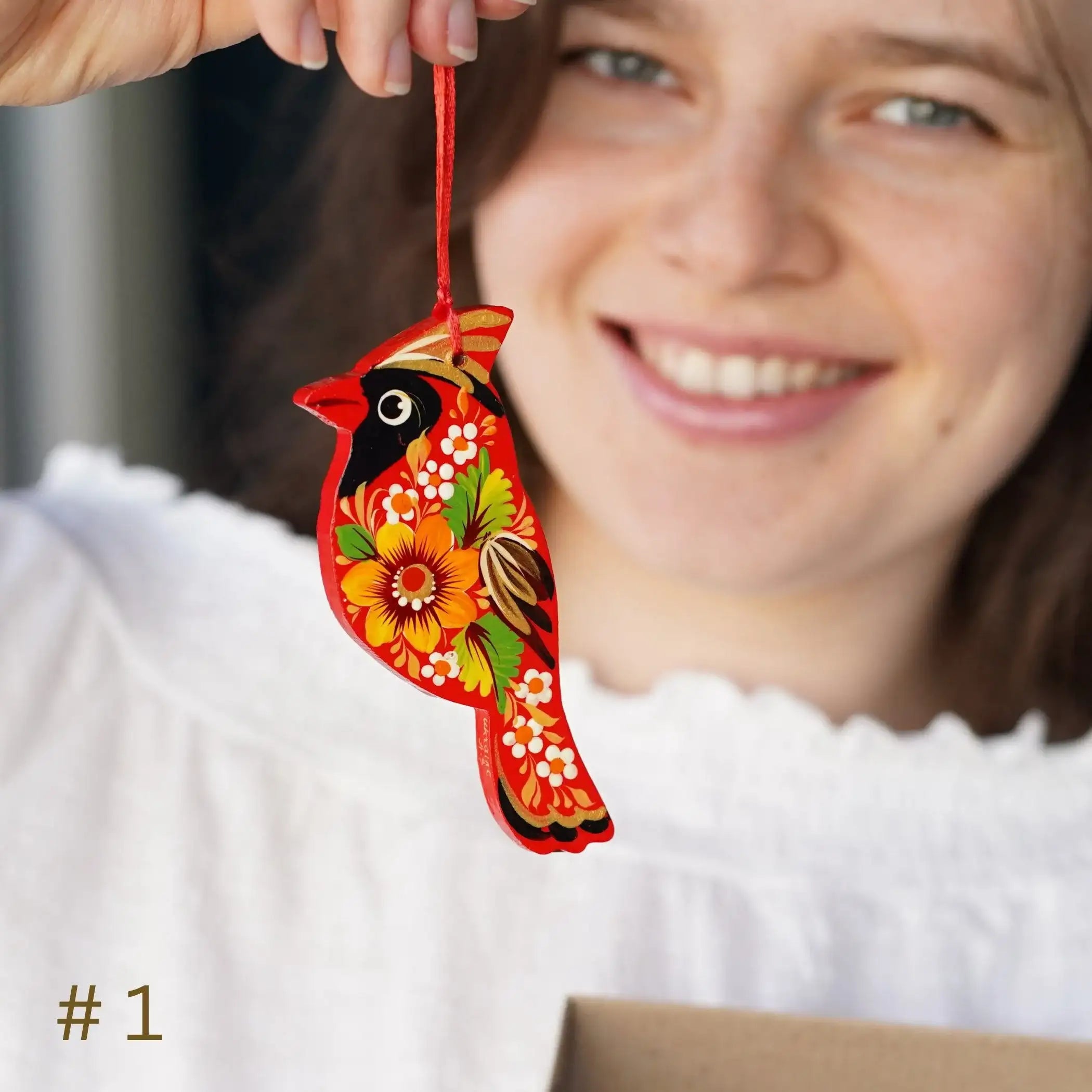 Handmade Wooden Red Cardinal Ukrainian ornament with Petrykivka painting