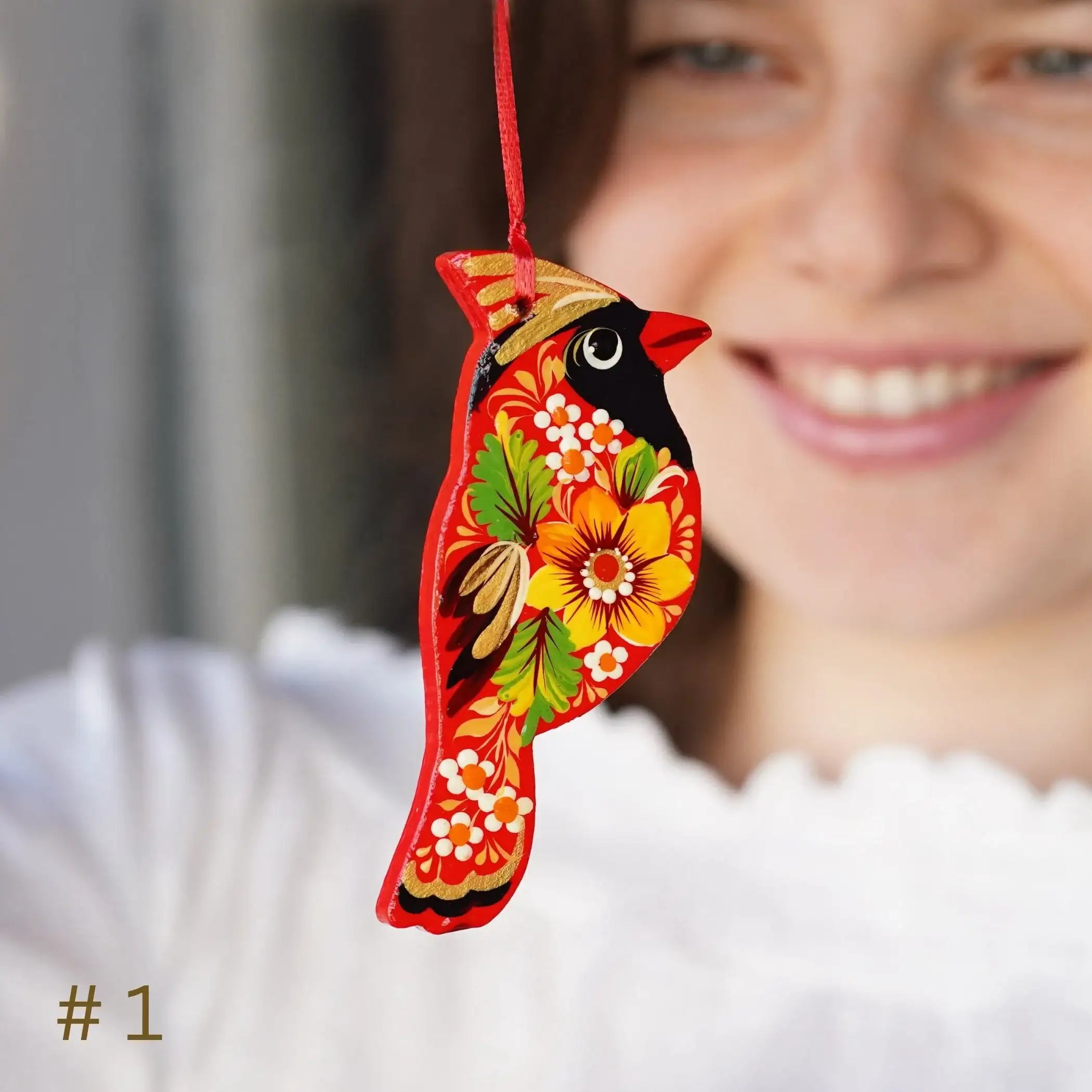 Handmade Wooden Red Cardinal Ukrainian ornament with Petrykivka painting
