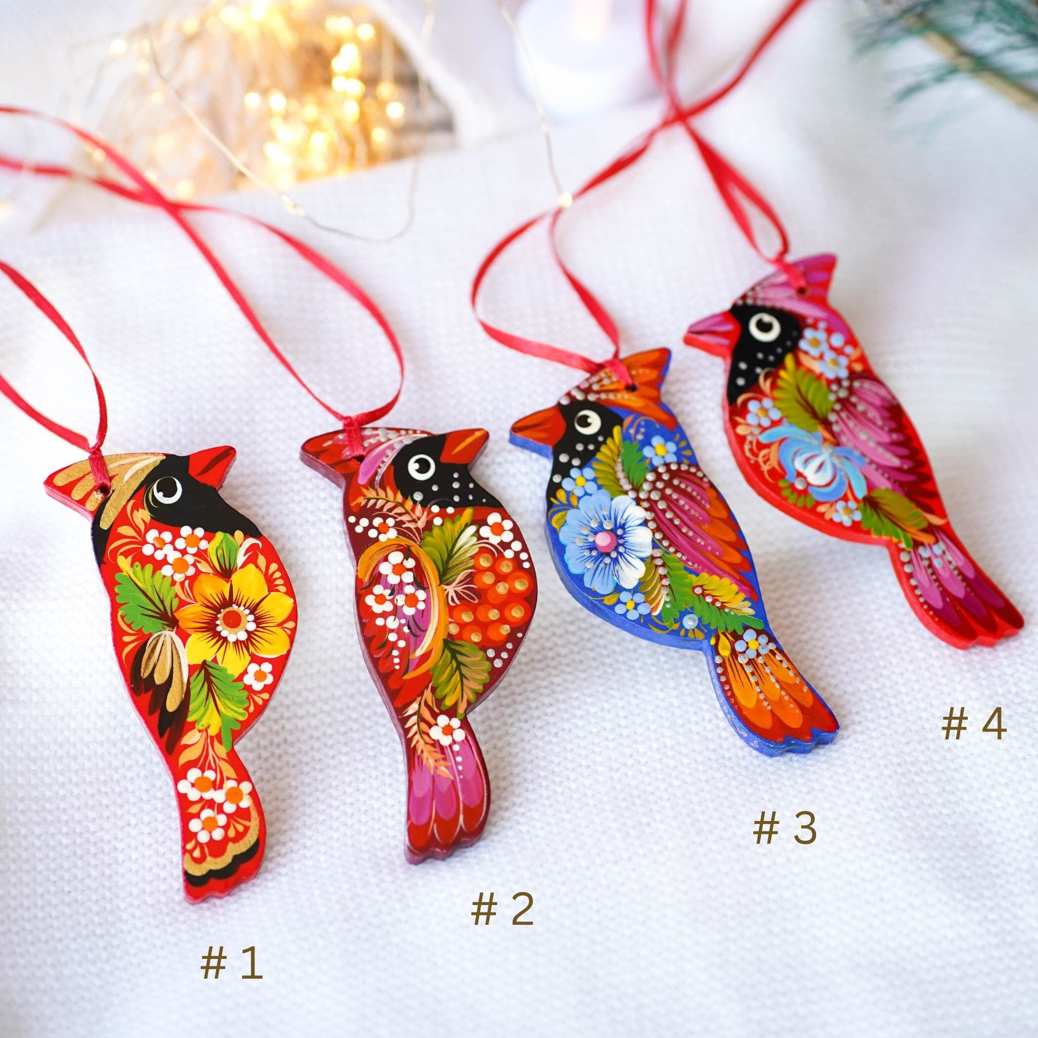 Handmade Wooden Red Cardinal Ukrainian ornament with Petrykivka painting