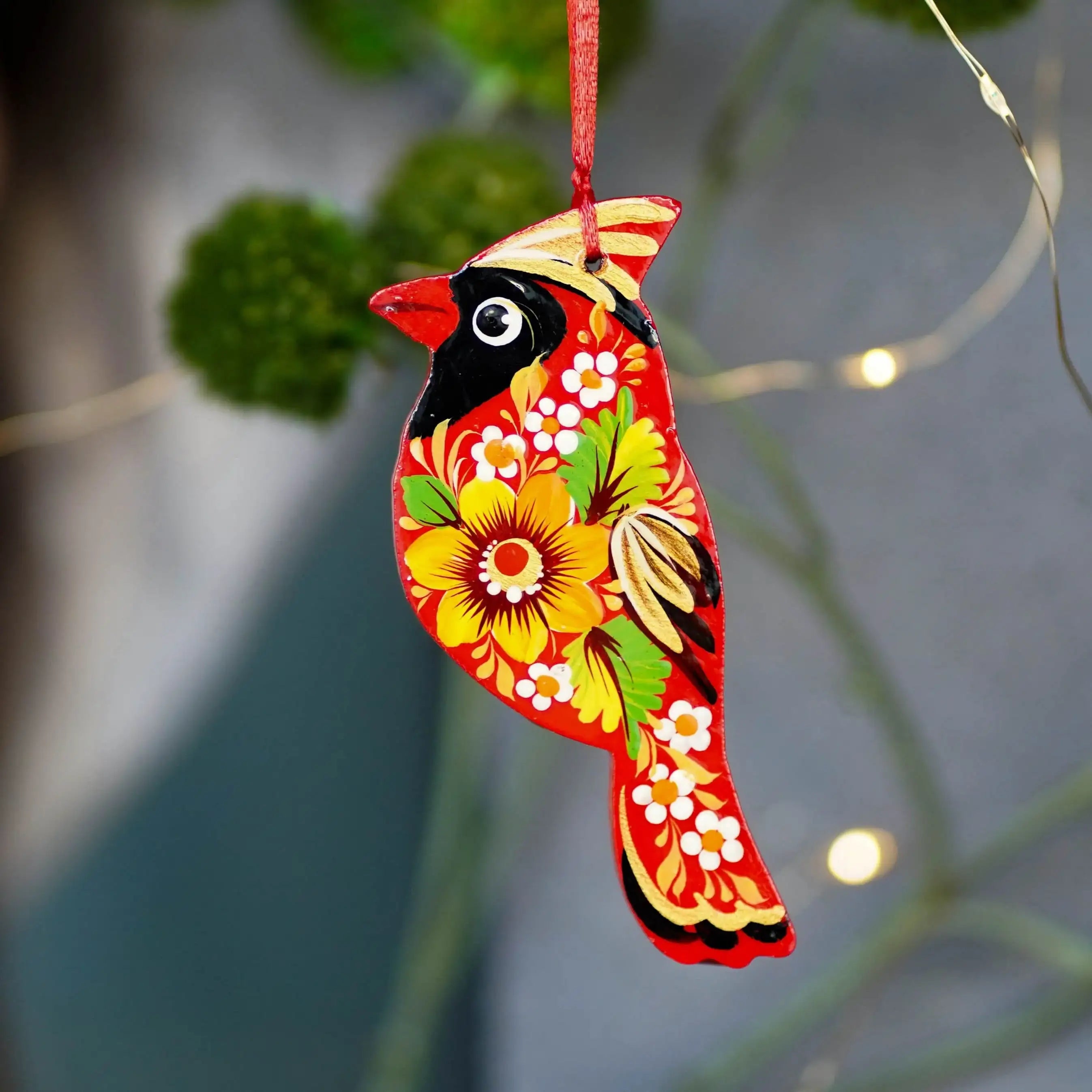 Handmade Wooden Red Cardinal Ukrainian ornament with Petrykivka painting