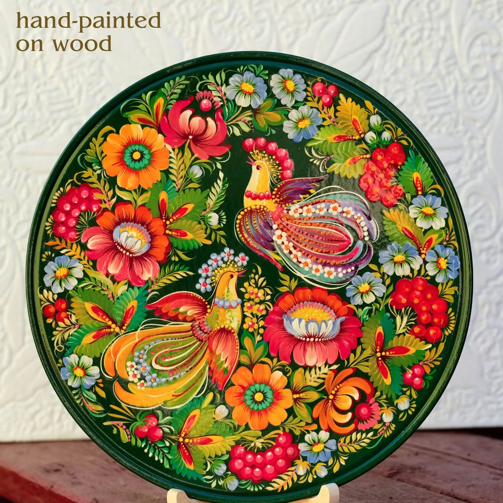 Painted Wooden Plate for Wall - Large Emerald Green Petrykivka Painting Decorative Plate