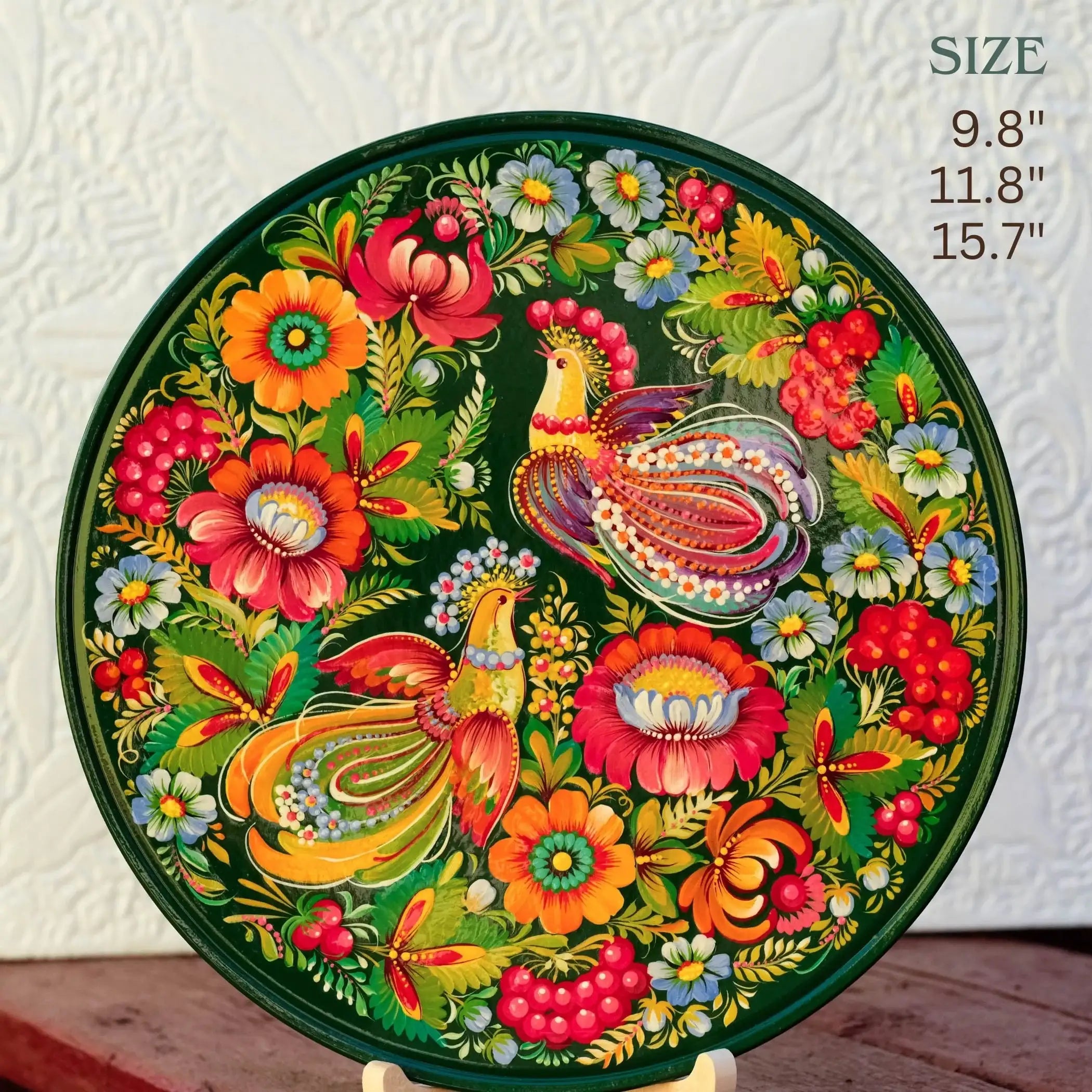 Painted Wooden Plate for Wall - Large Emerald Green Petrykivka Painting Decorative Plate