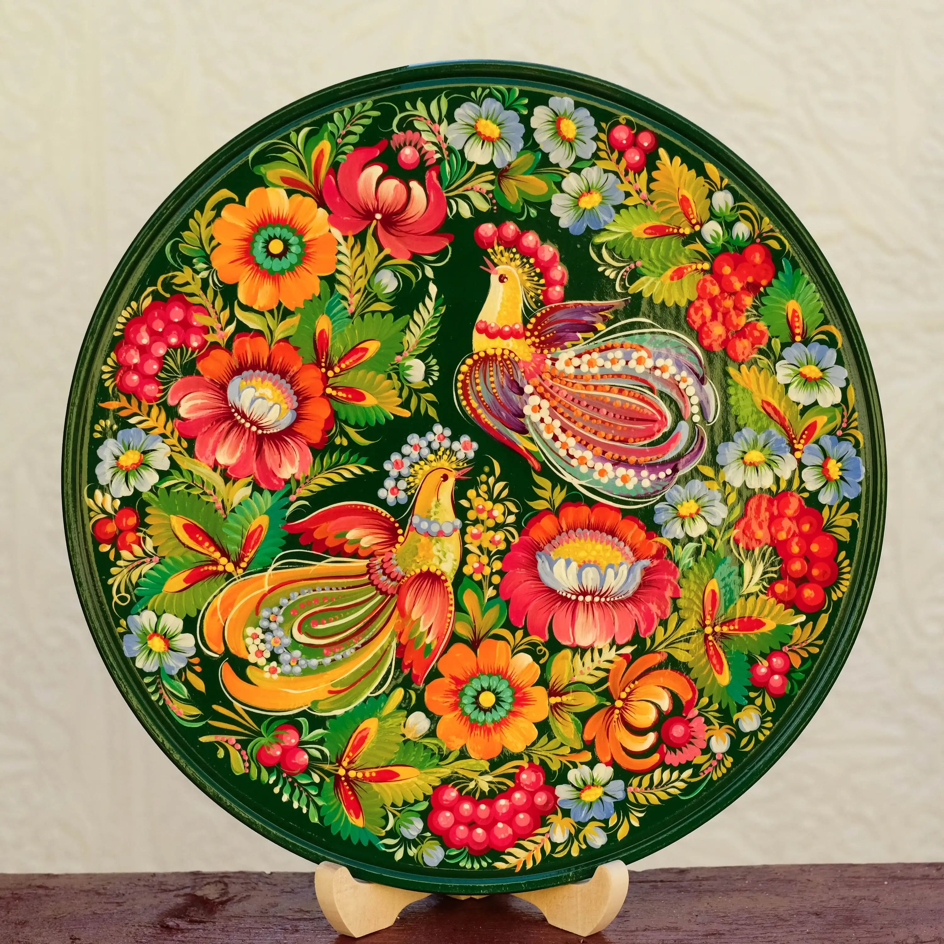 Painted Wooden Plate for Wall - Large Emerald Green Petrykivka Painting Decorative Plate
