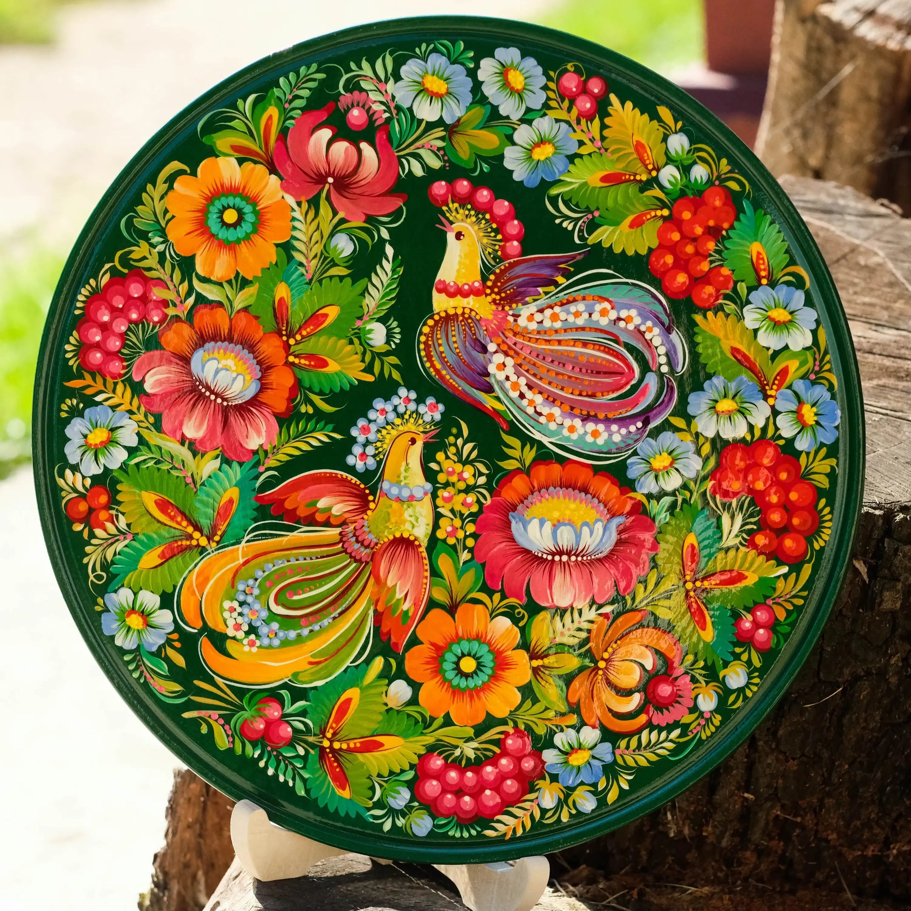 Painted Wooden Plate for Wall - Large Emerald Green Petrykivka Painting Decorative Plate