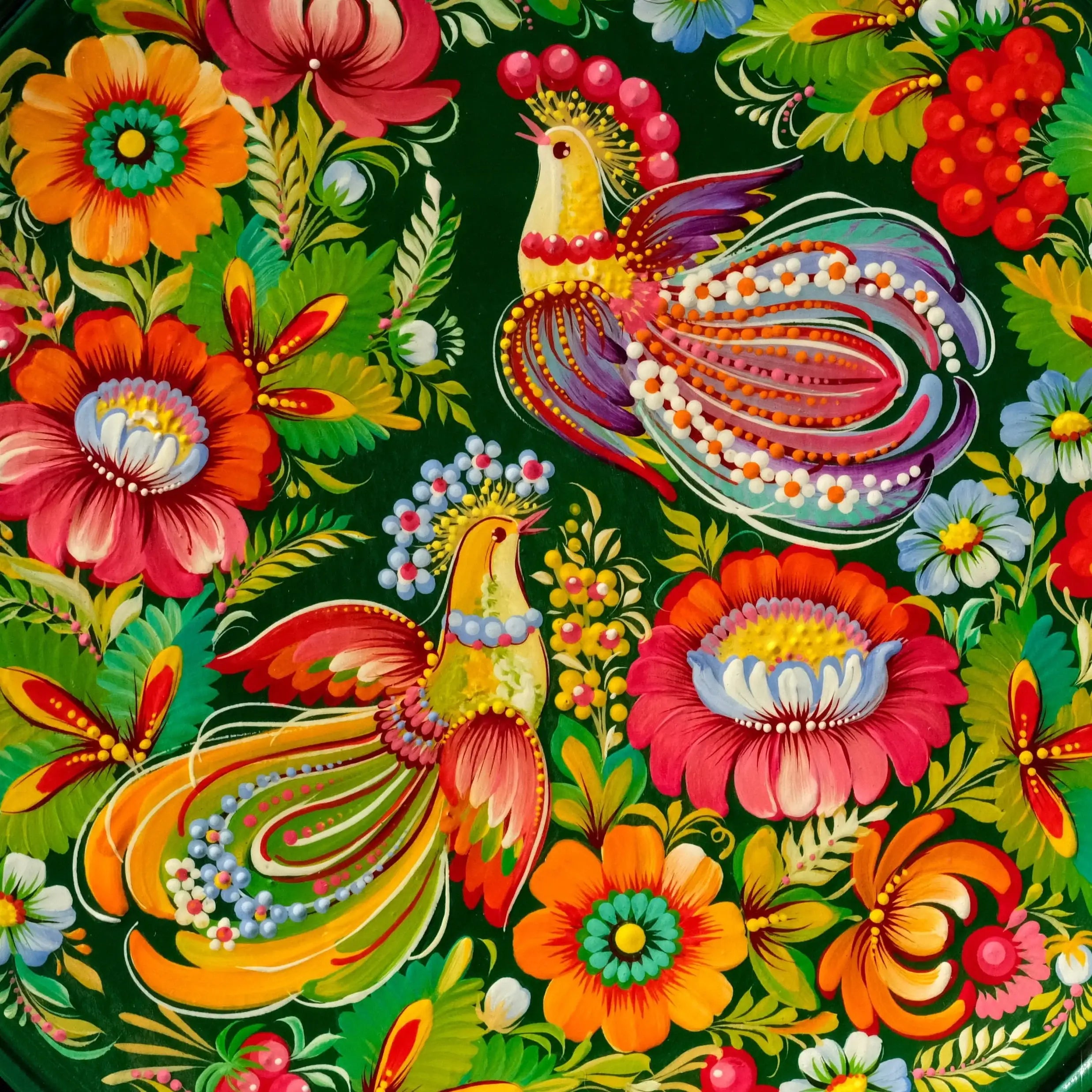 Painted Wooden Plate for Wall - Large Emerald Green Petrykivka Painting Decorative Plate