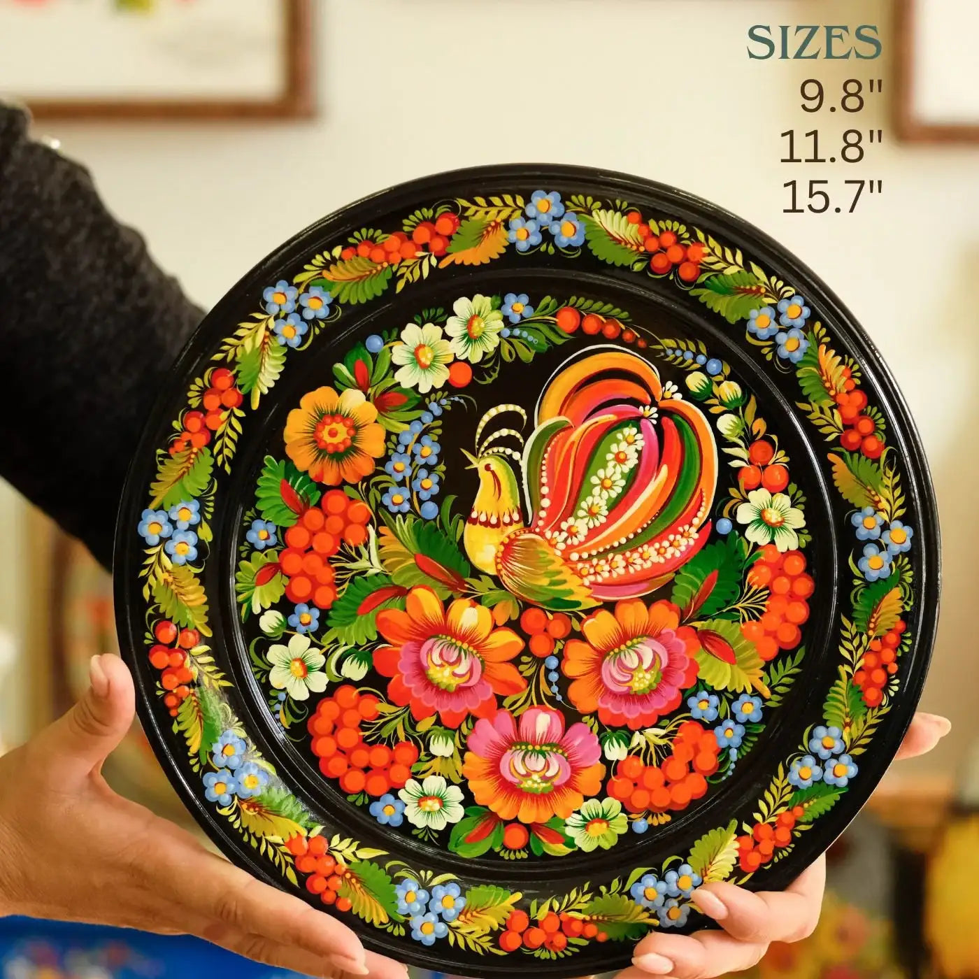 Personalized painted wooden Petrykivka plate, Ukrainian fairy bird plate, Folk art decorative plate wood, Handmade Firebird wall plate large