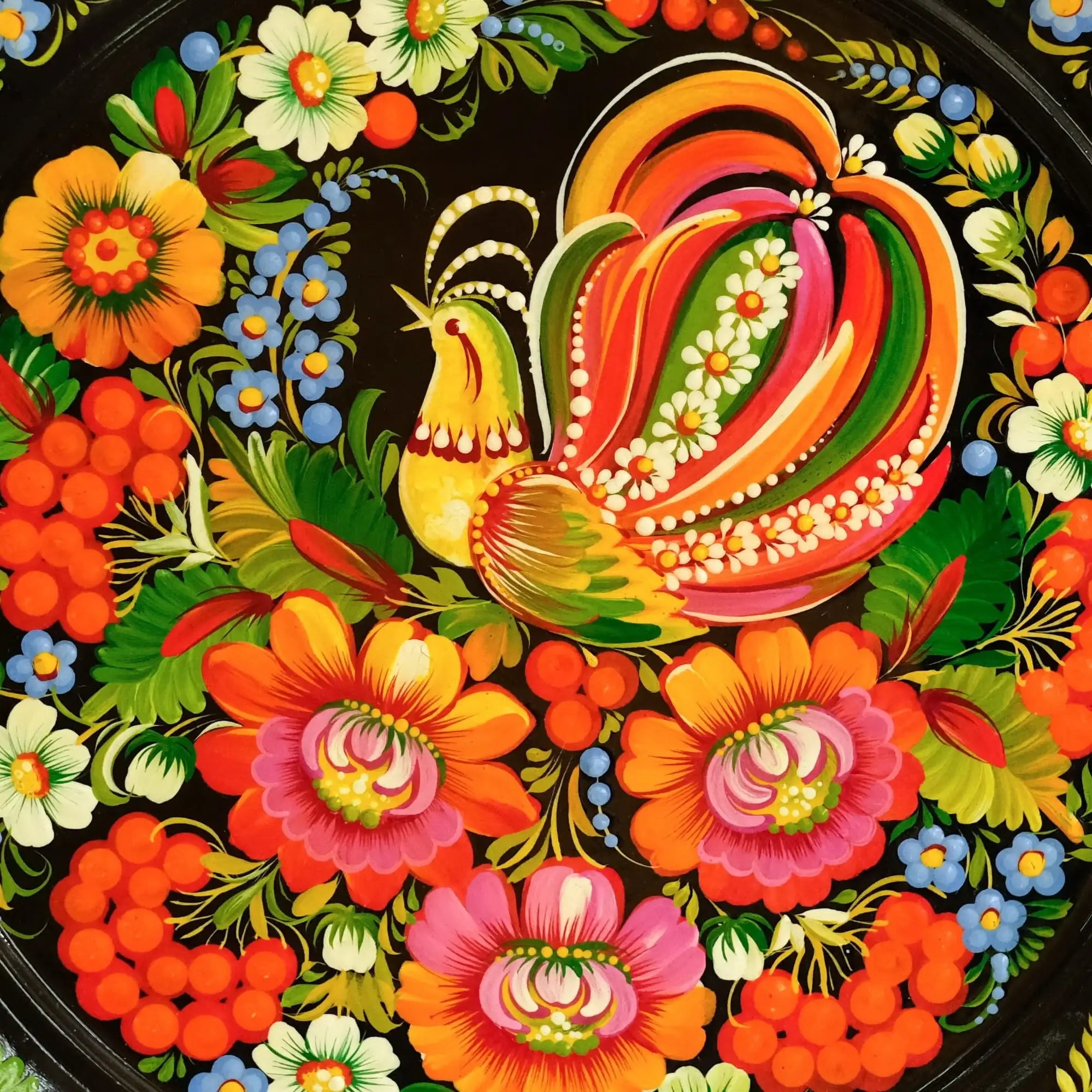 Personalized painted wooden Petrykivka plate, Ukrainian fairy bird plate, Folk art decorative plate wood, Handmade Firebird wall plate large