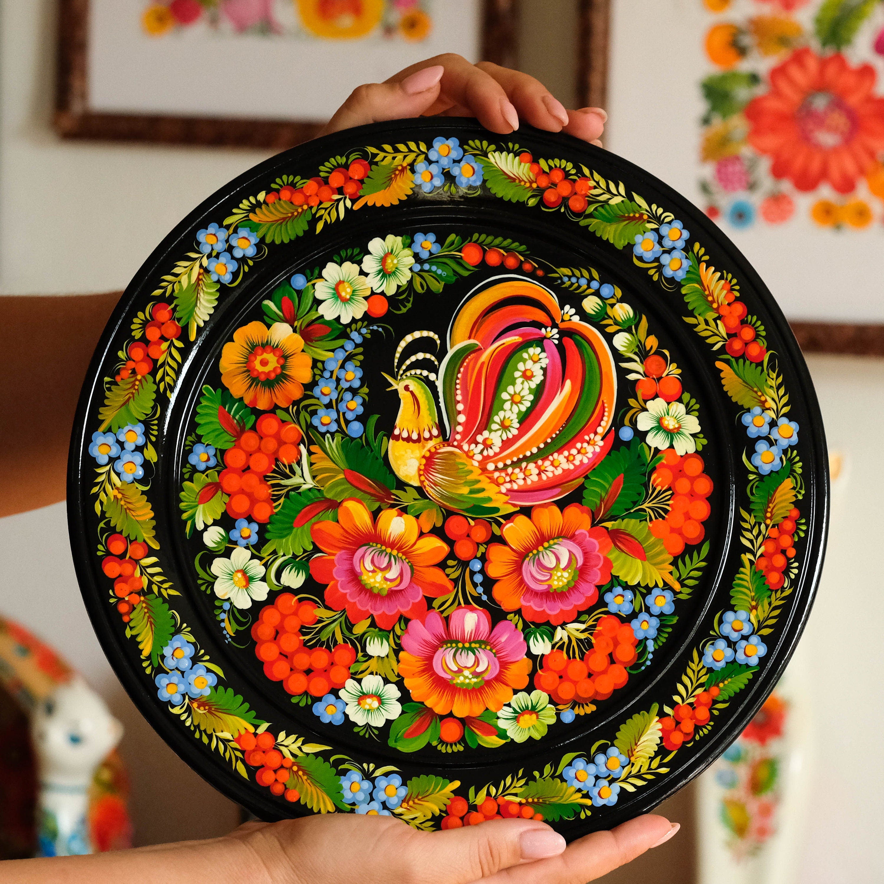Personalized painted wooden Petrykivka plate, Ukrainian fairy bird plate, Folk art decorative plate wood, Handmade Firebird wall plate large