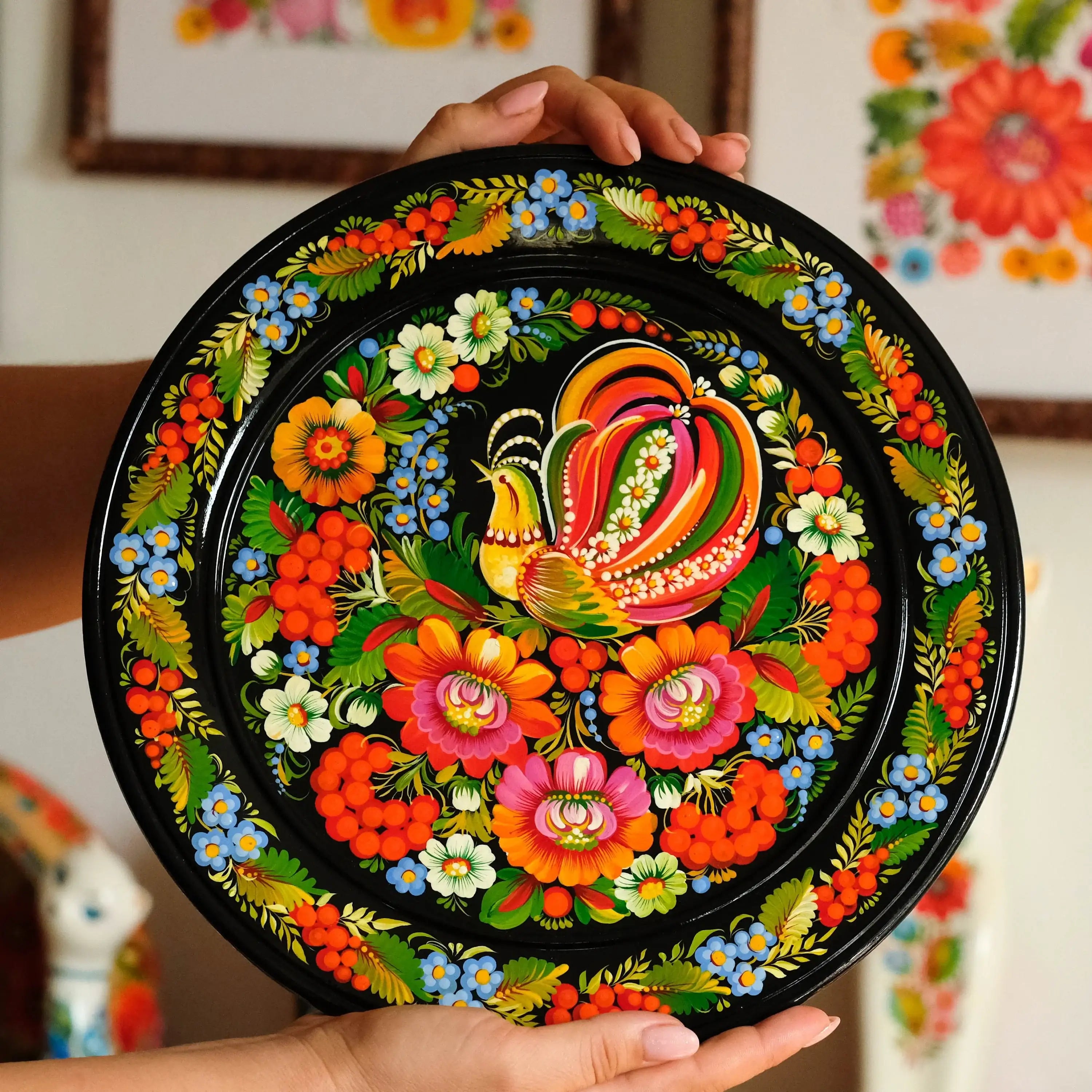 Personalized painted wooden Petrykivka plate, Ukrainian fairy bird plate, Folk art decorative plate wood, Handmade Firebird wall plate large