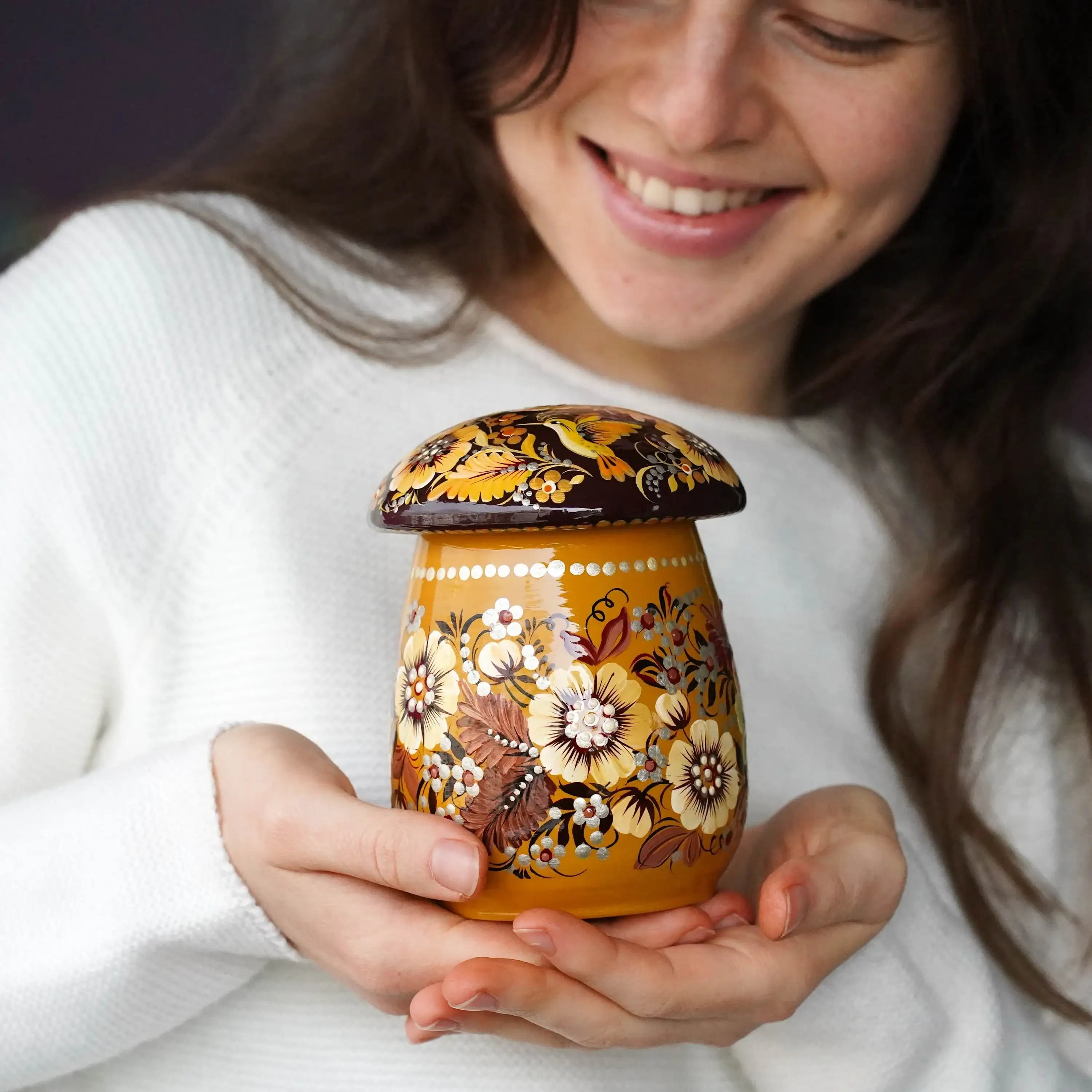 Painted Wooden Jar with Lid - Beige Flower Mushroom-shaped Hummingbird Kitchen Canister, Petrykivka Art