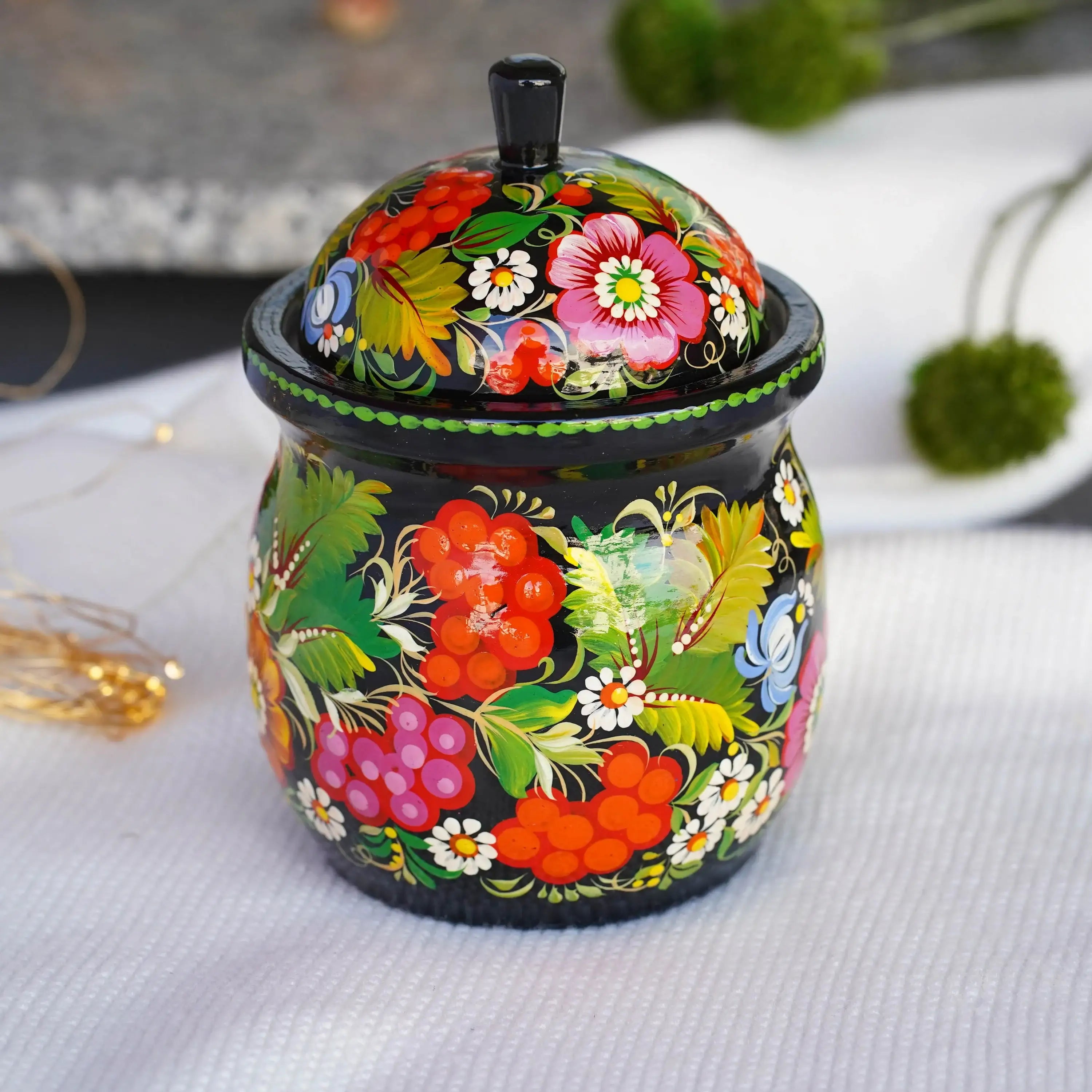 Painted Wooden Jar with Lid - Artisanal Red Flower Kitchen Canister, Petrykivka Art