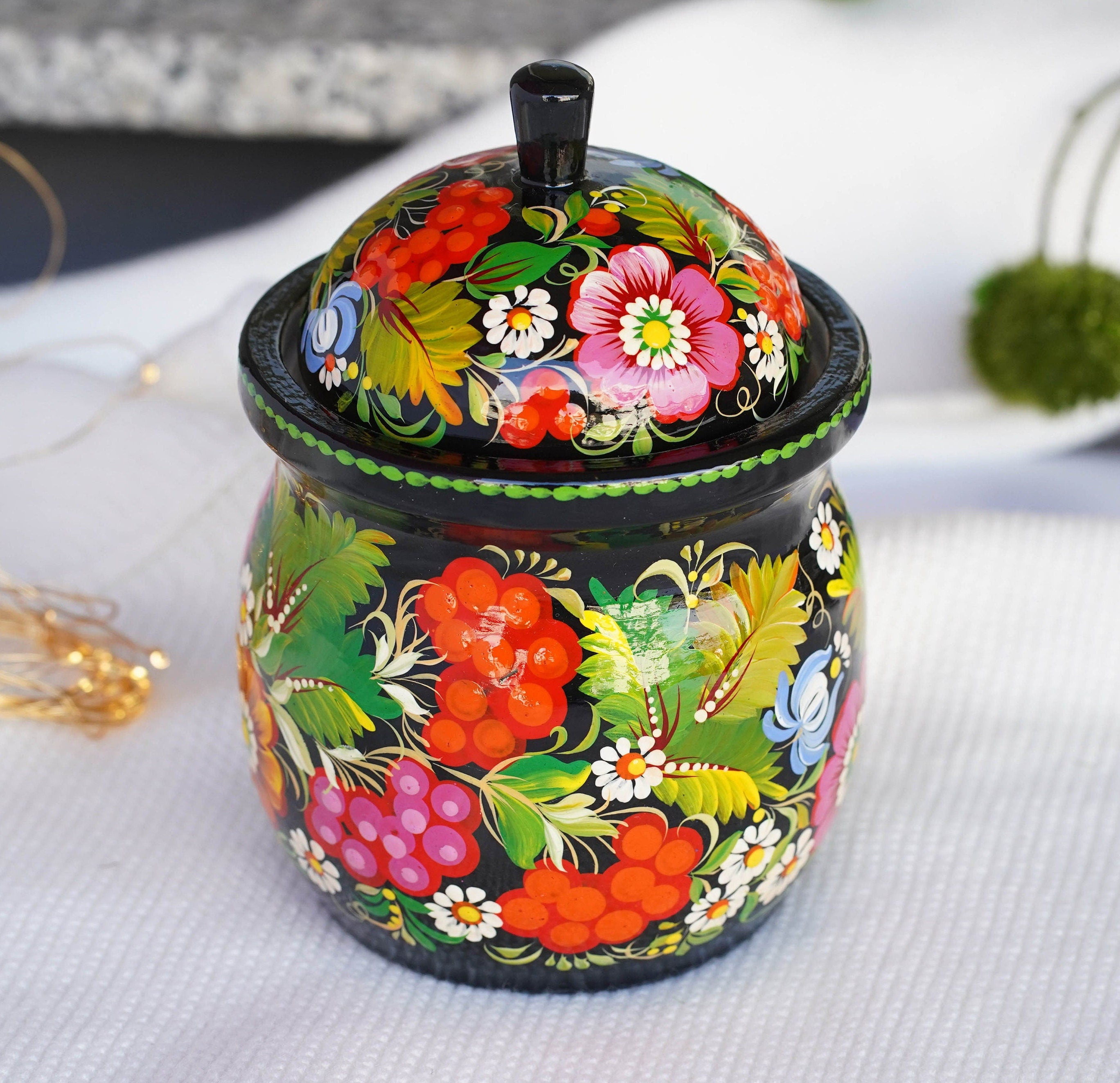 Painted Wooden Jar with Lid - Artisanal Red Flower Kitchen Canister, Petrykivka Art