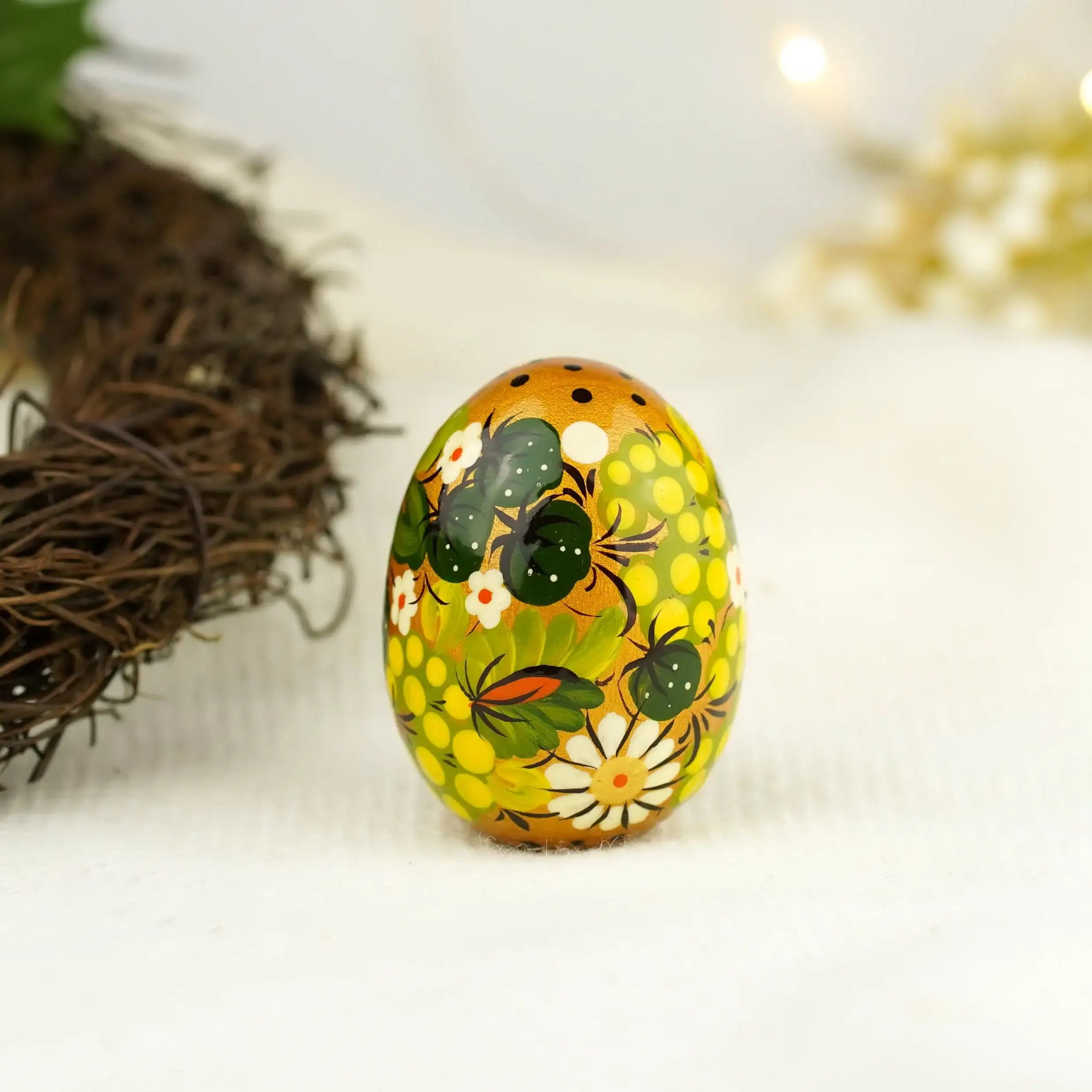 Hand-painted Green Wooden Easter Egg - Ukrainian Pysanky Egg
