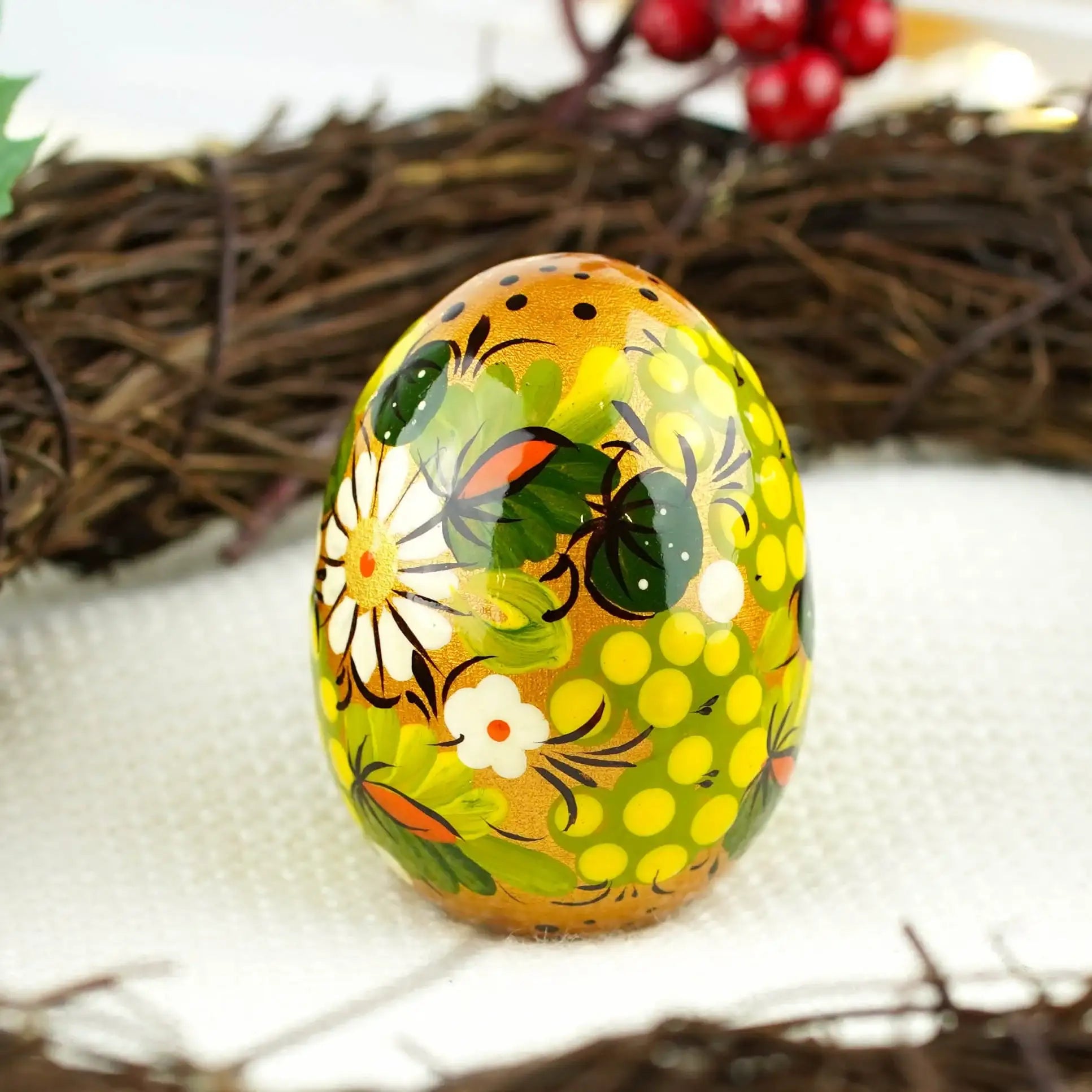 Hand-painted Green Wooden Easter Egg - Ukrainian Pysanky Egg