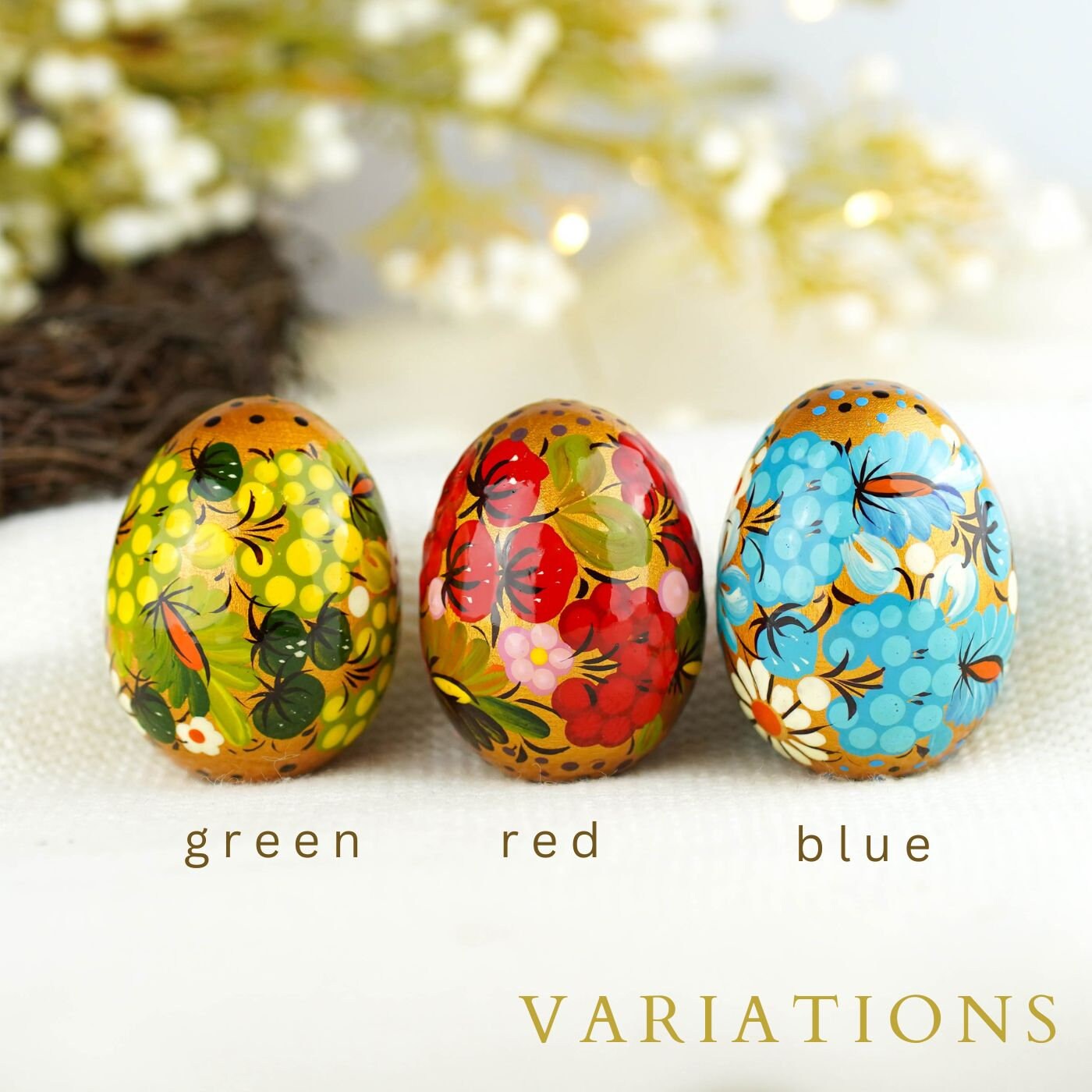 Hand-painted Green Wooden Easter Egg - Ukrainian Pysanky Egg