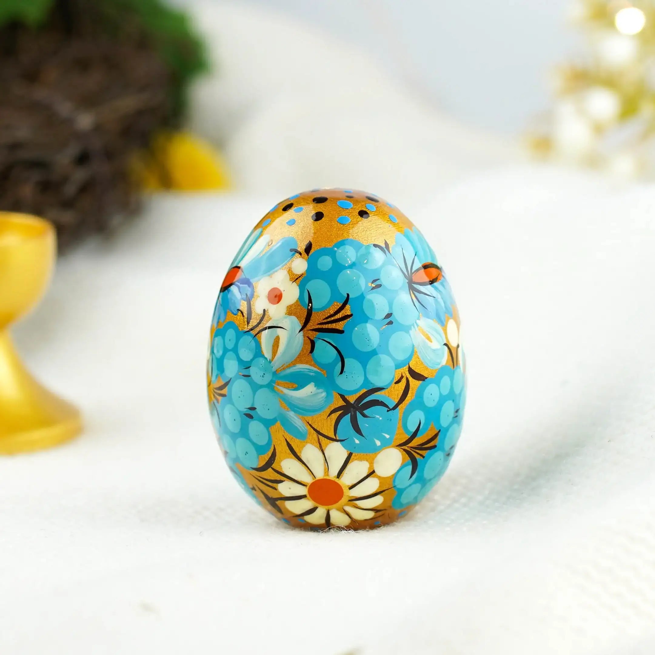 Hand-painted Wooden Easter Egg - Blue Flower Petrykivka Egg