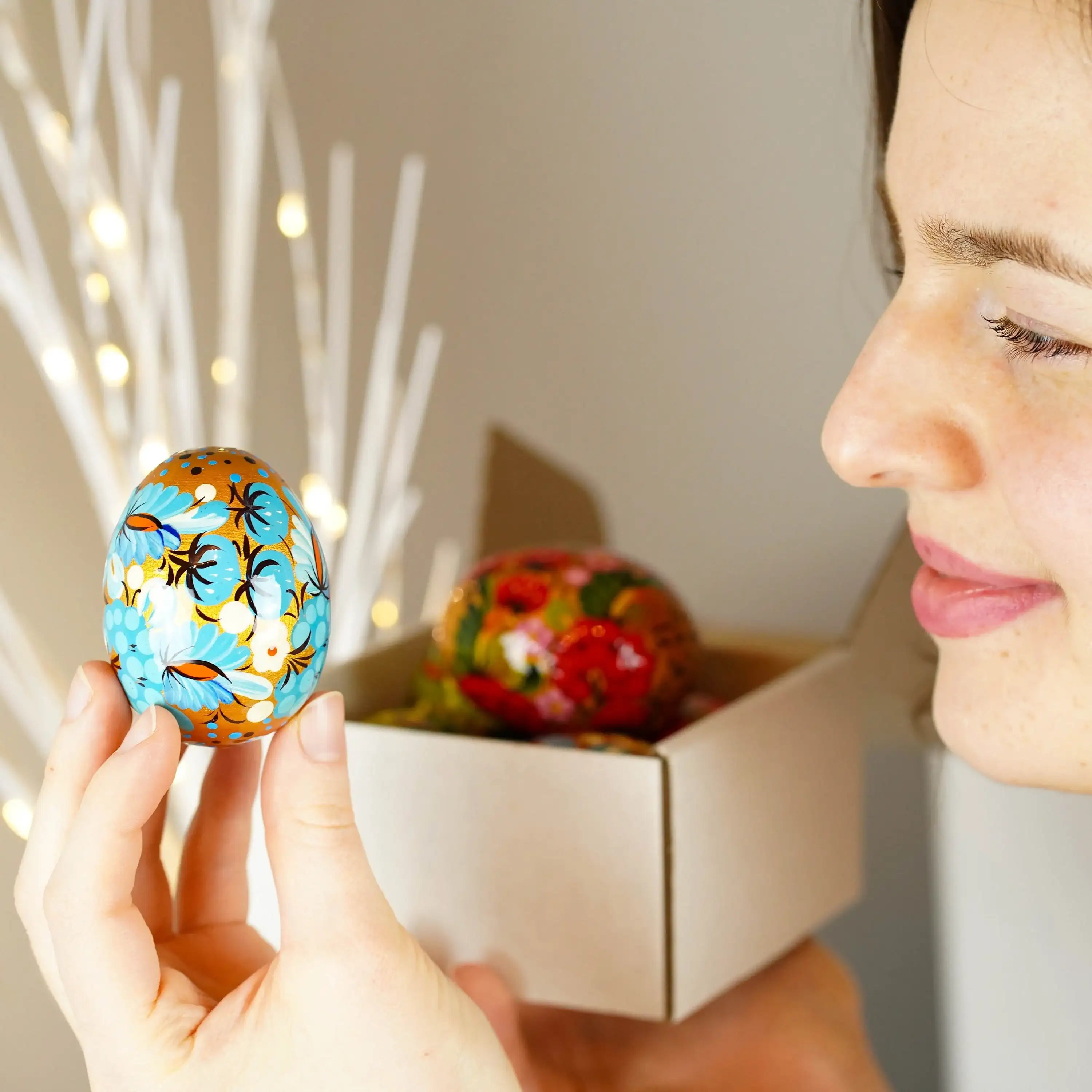 Hand-painted Wooden Easter Egg - Blue Flower Petrykivka Egg