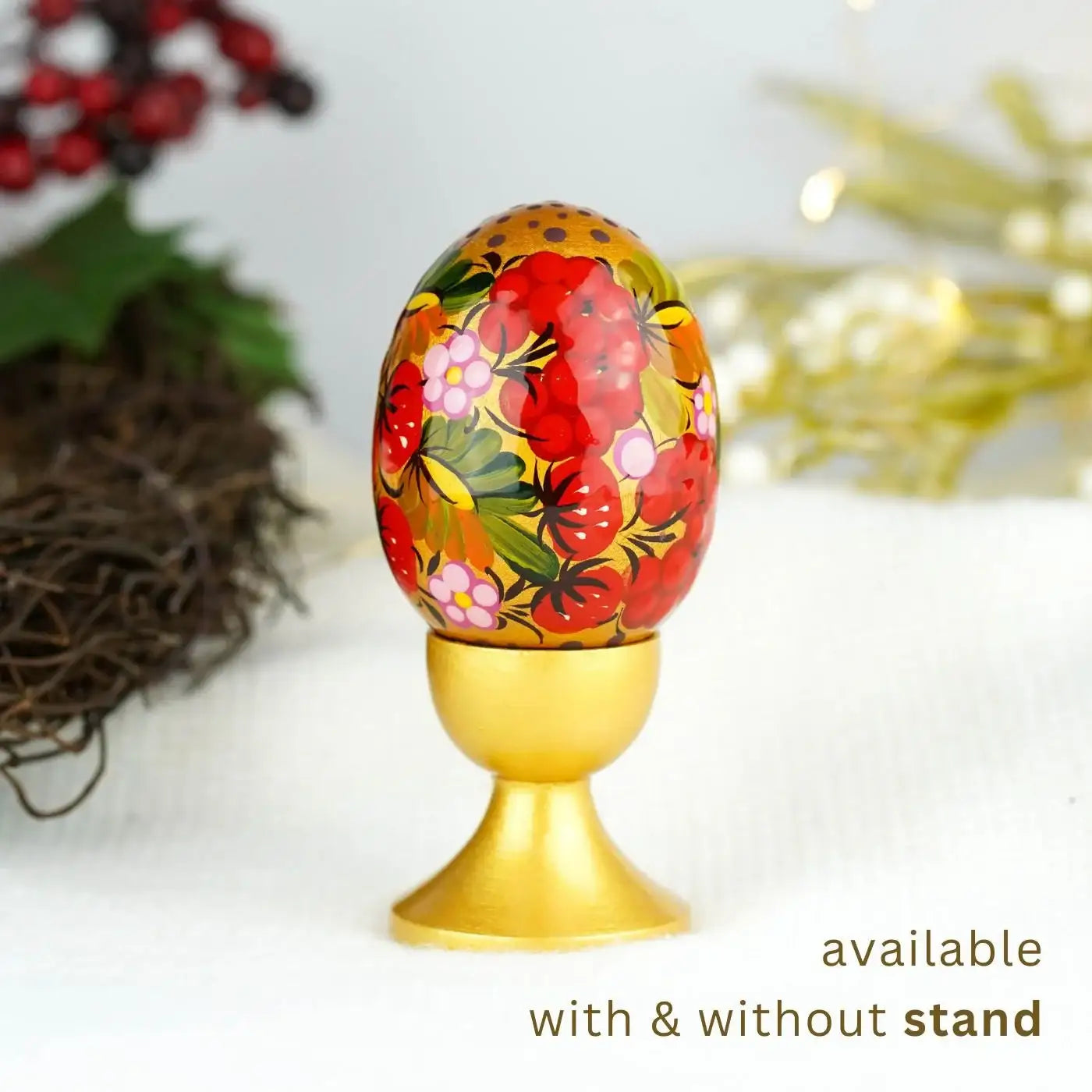 Hand-painted Strawberry Wooden Easter Egg - Unique Petrykivka Egg
