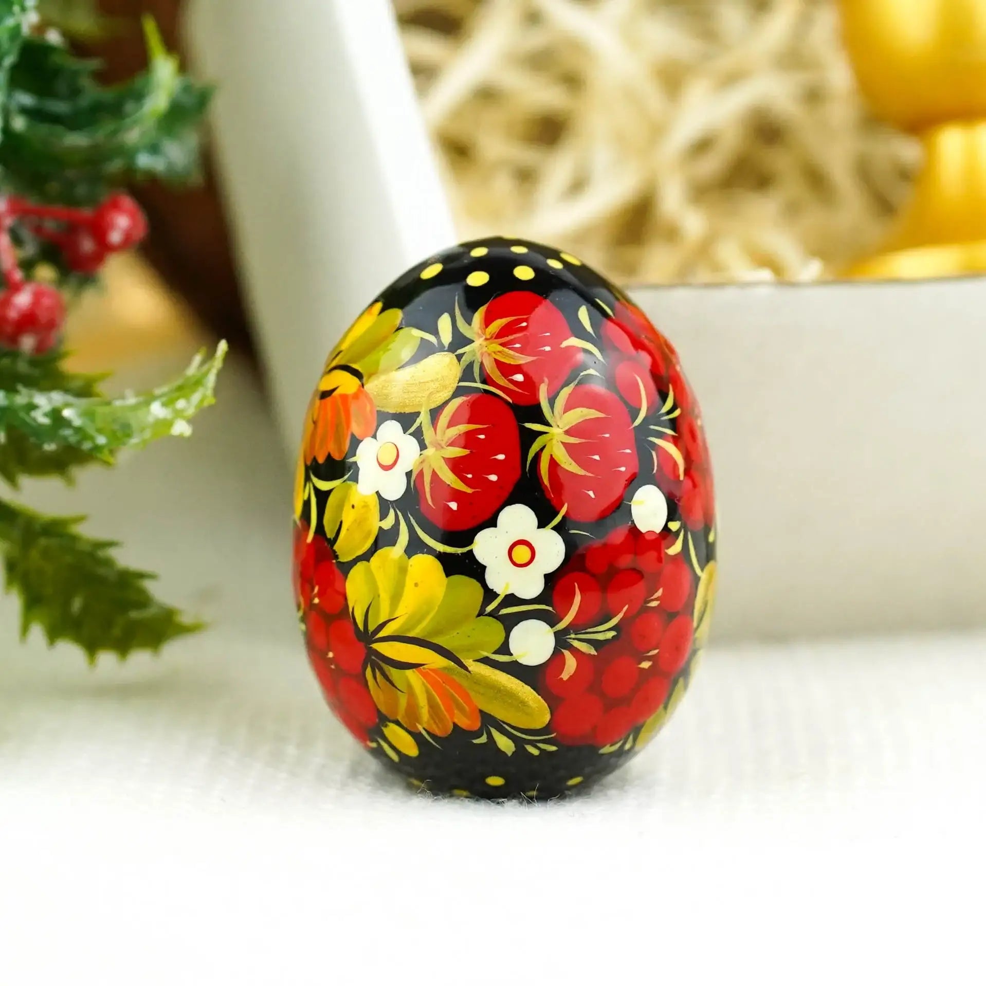 Hand-painted Wooden Strawberry Easter Egg - Ukrainian Pysanky Egg