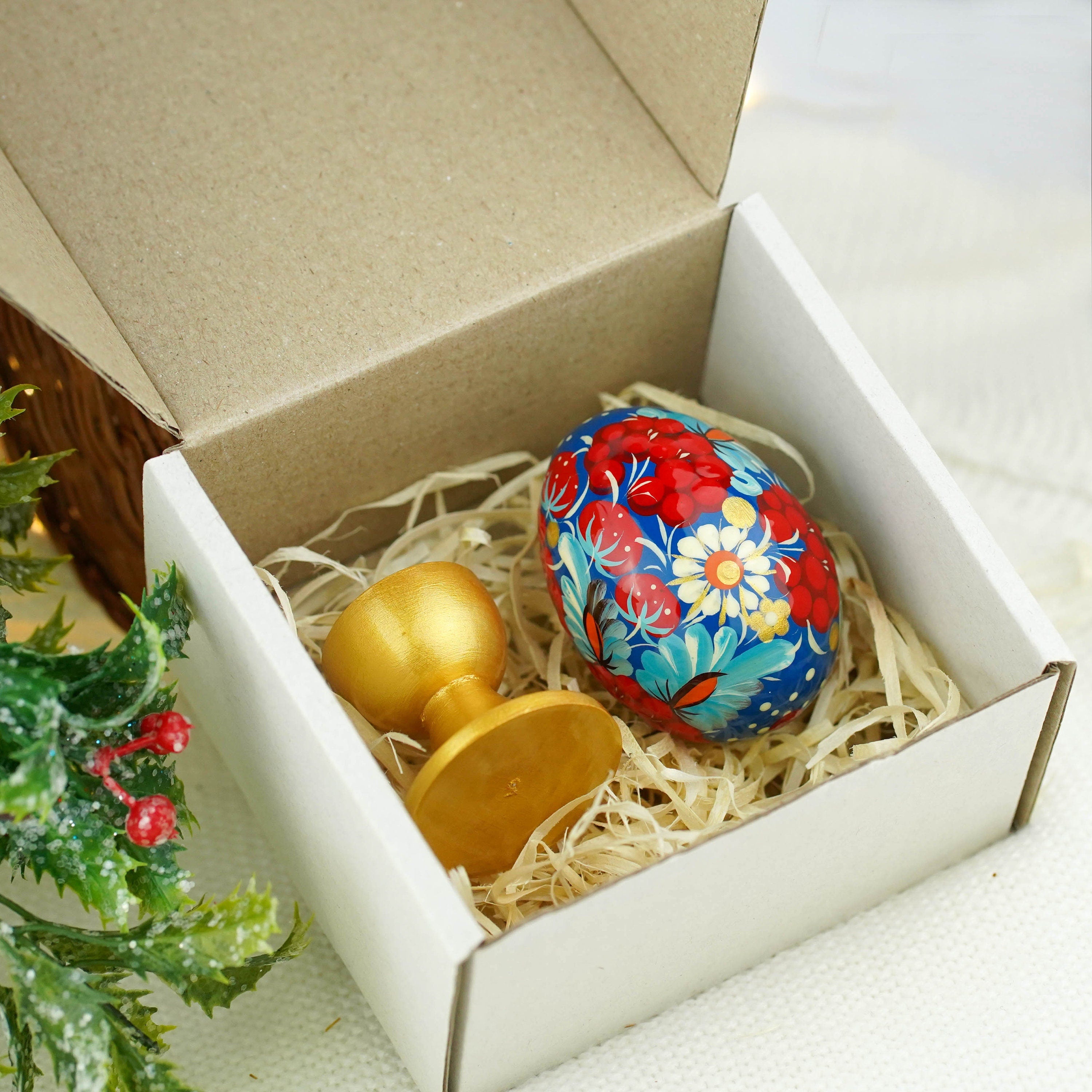 Hand-painted Wooden Strawberry Easter Egg - Petrykivka Art Egg