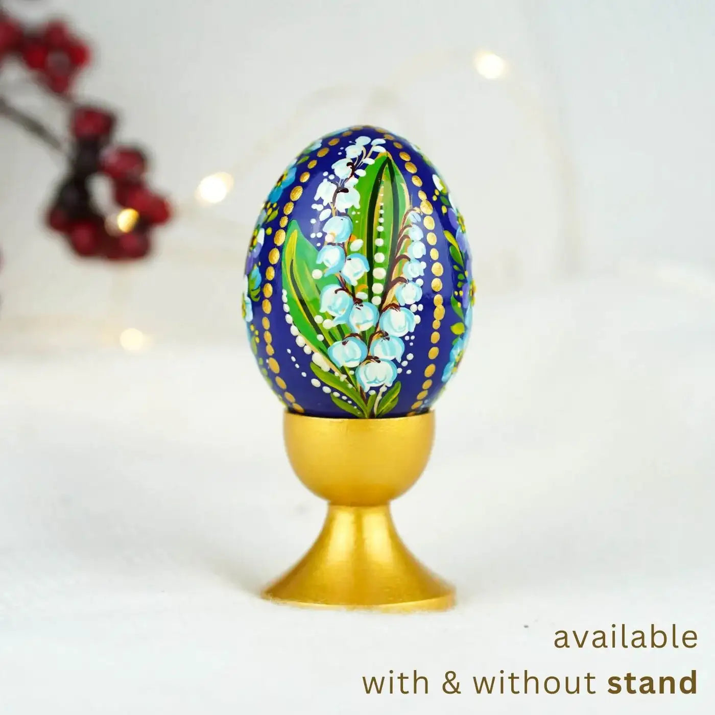 Hand-painted Wooden Lily of the Valley & Forget-me-not Ukrainian Pysanky Egg