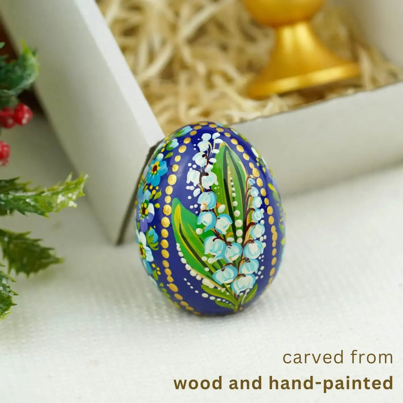 Hand-painted Wooden Lily of the Valley & Forget-me-not Ukrainian Pysanky Egg