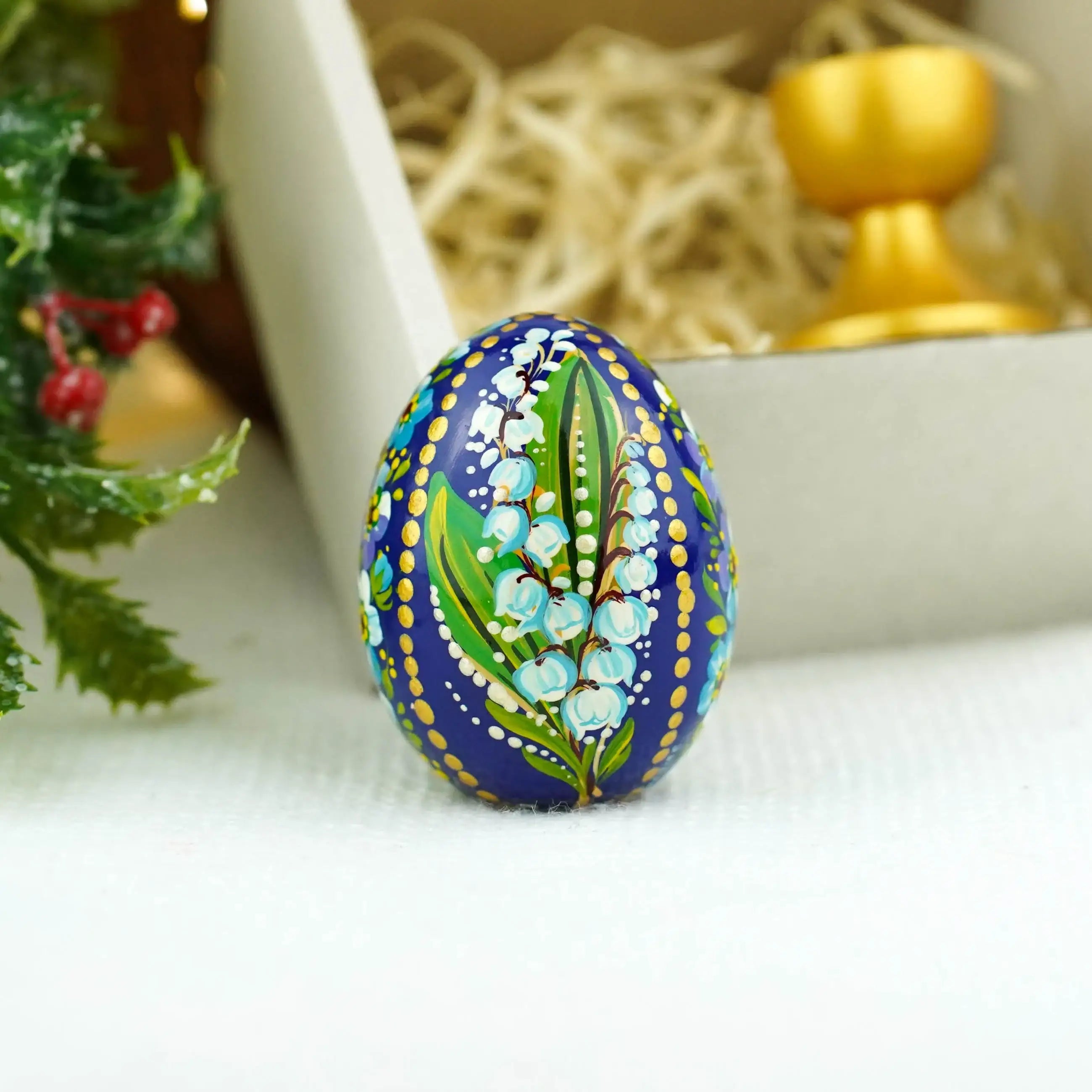 Hand-painted Wooden Lily of the Valley & Forget-me-not Ukrainian Pysanky Egg