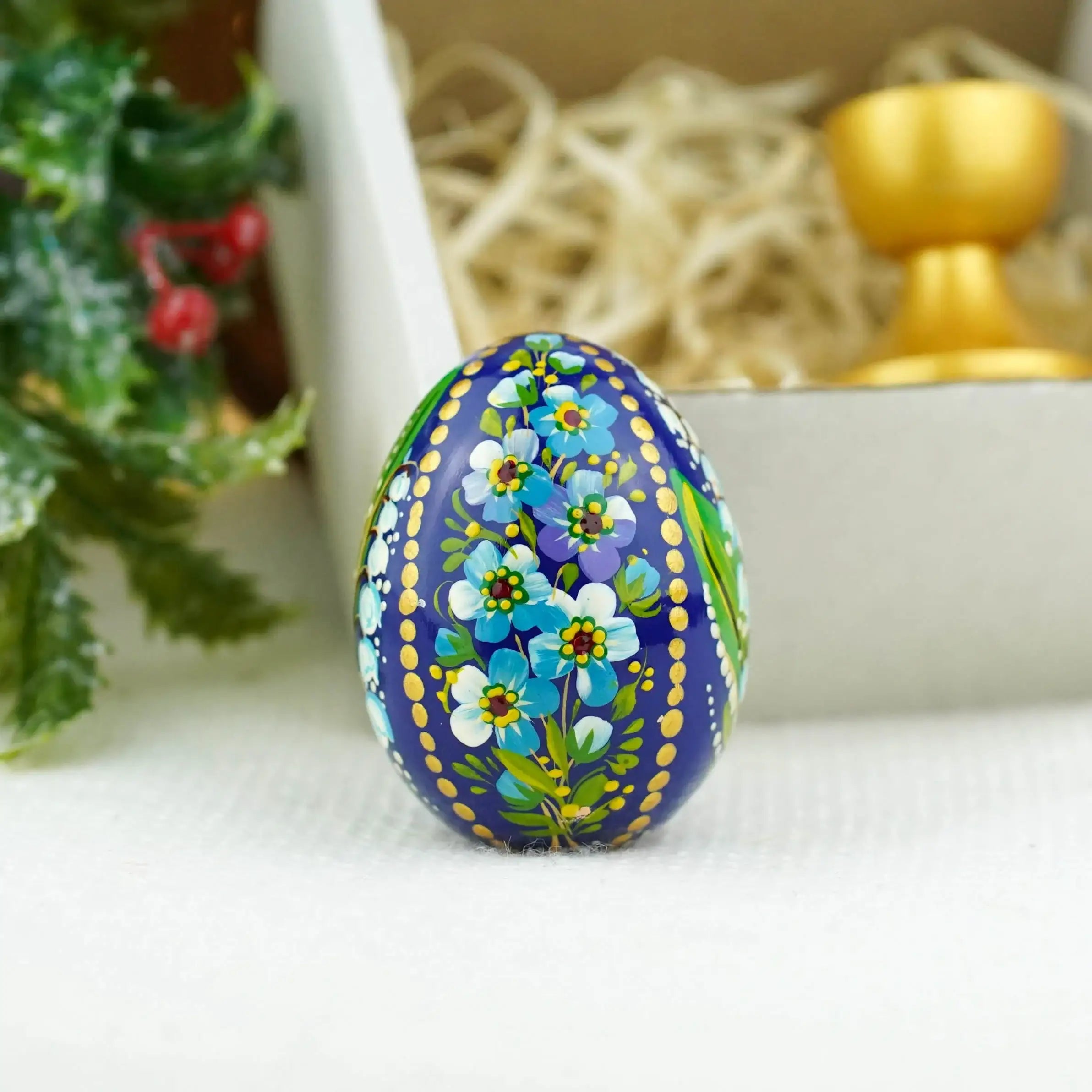 Hand-painted Wooden Lily of the Valley & Forget-me-not Ukrainian Pysanky Egg