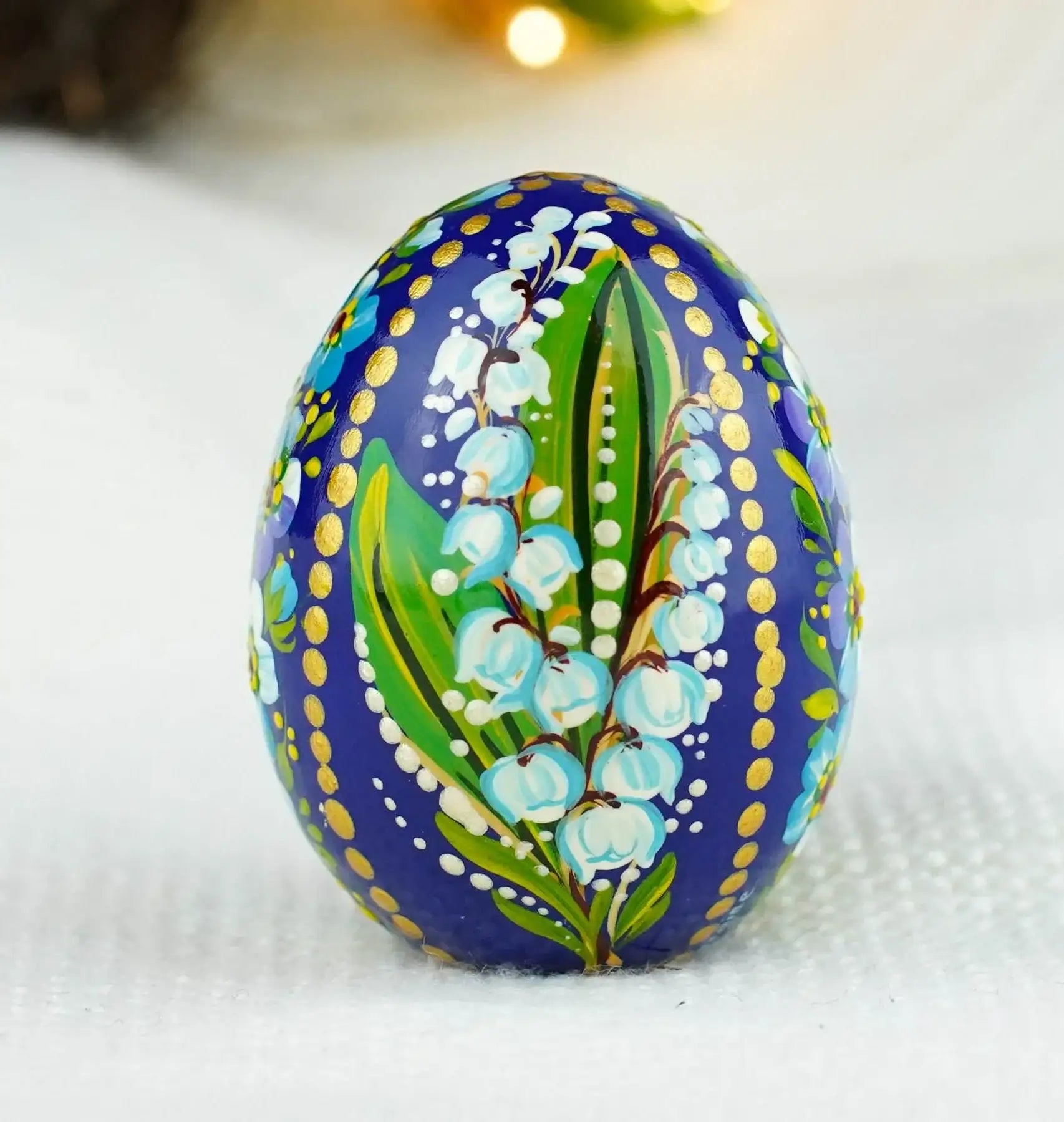 Hand-painted Wooden Lily of the Valley & Forget-me-not Ukrainian Pysanky Egg