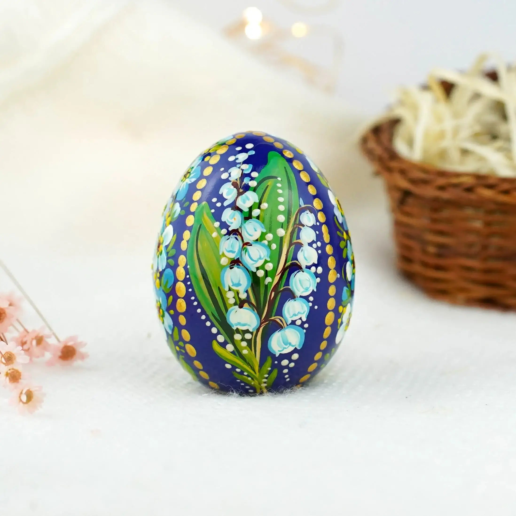 Hand-painted Wooden Lily of the Valley & Forget-me-not Ukrainian Pysanky Egg