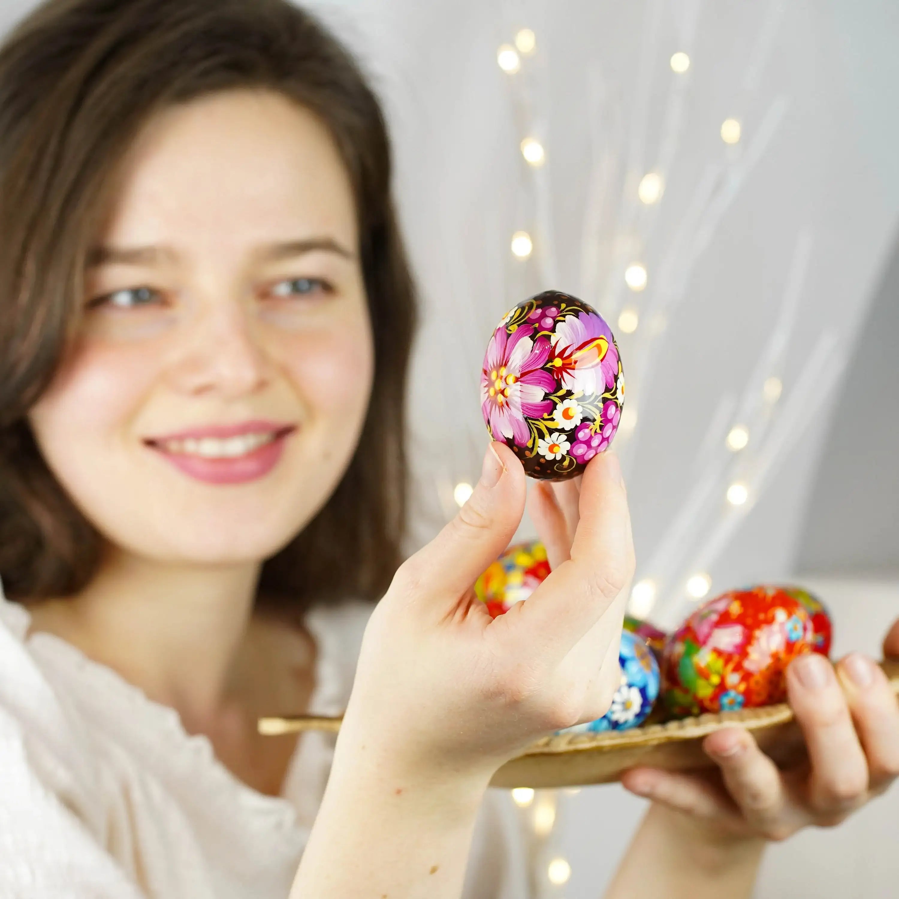 Painted Wooden Easter Egg - Handmade Petrykivka Folk Art Ukrainian Pysanky Egg