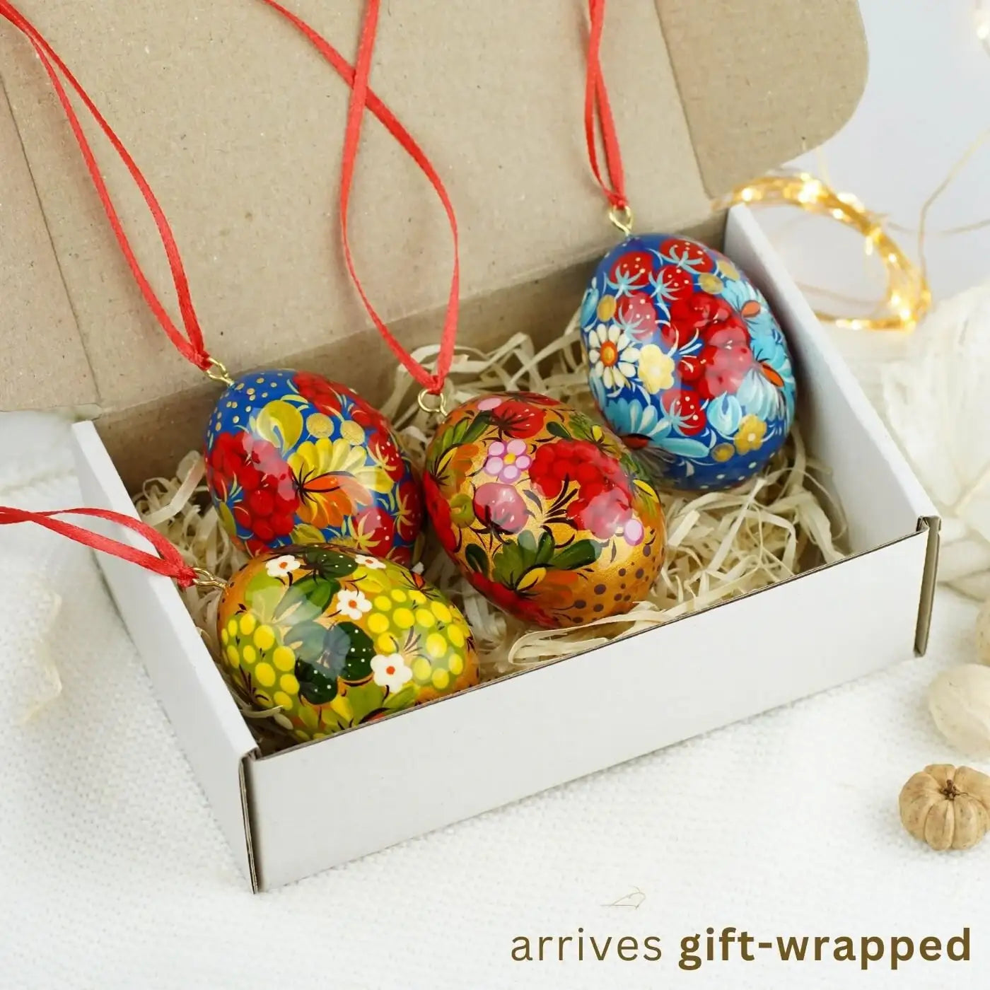 Set of 4 Painted Wooden Easter Egg Ornaments - Hanging Ukrainian Pysanky Eggs
