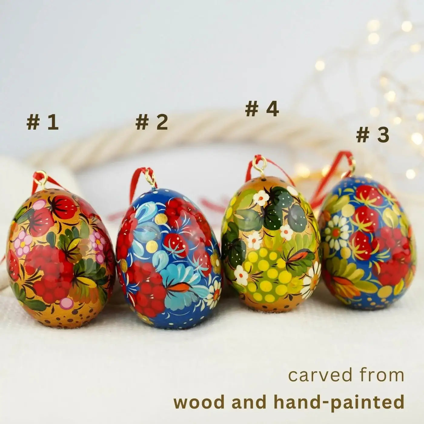 Set of 4 Painted Wooden Easter Egg Ornaments - Hanging Ukrainian Pysanky Eggs