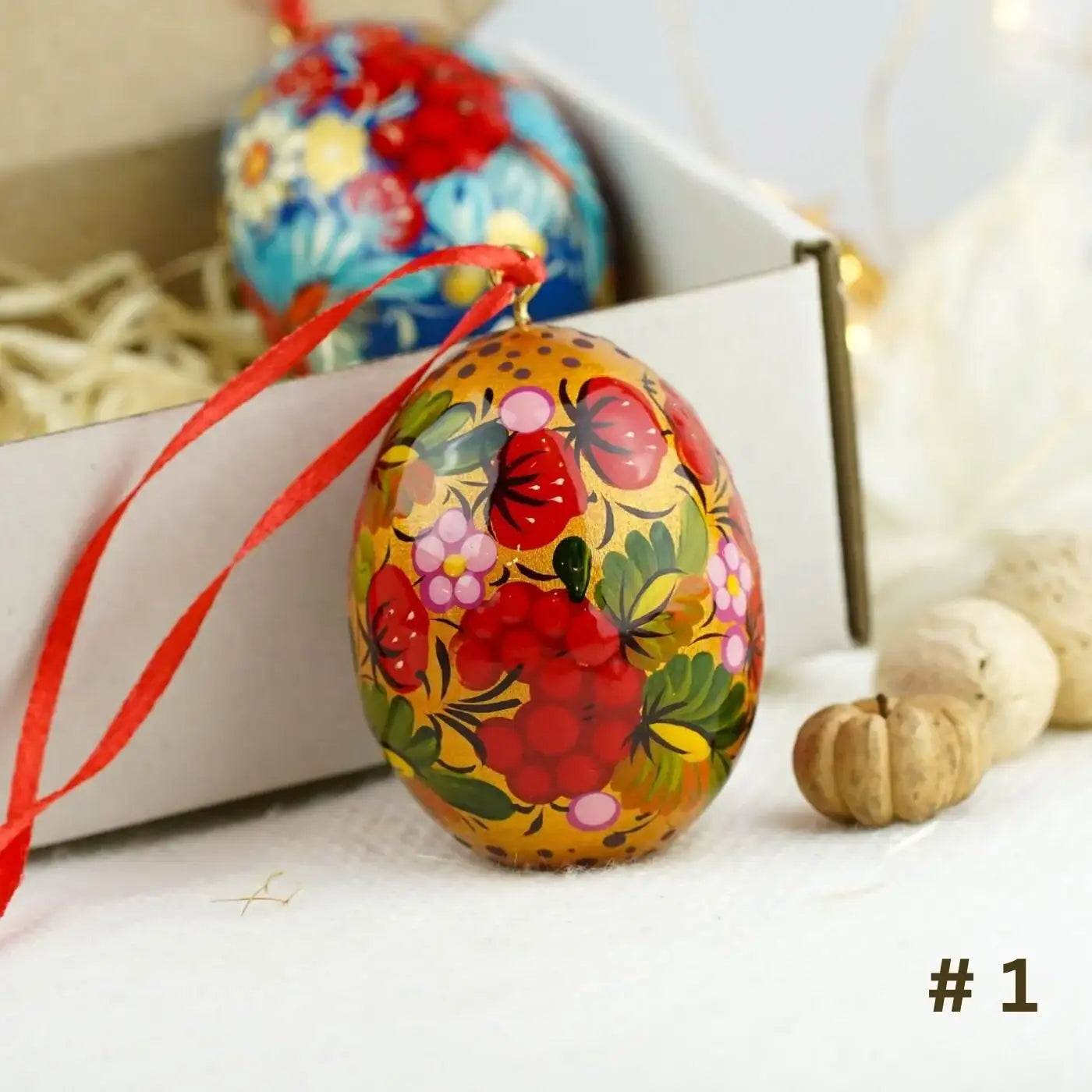 Set of 4 Painted Wooden Easter Egg Ornaments - Hanging Ukrainian Pysanky Eggs