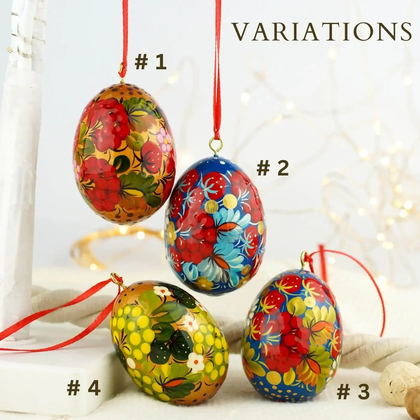 Set of 4 Painted Wooden Easter Egg Ornaments - Hanging Ukrainian Pysanky Eggs